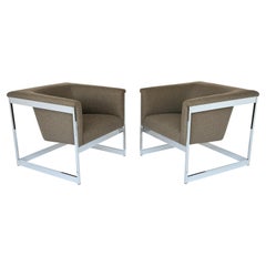 Pair Milo Baughman Chrome Cube Lounge Chairs