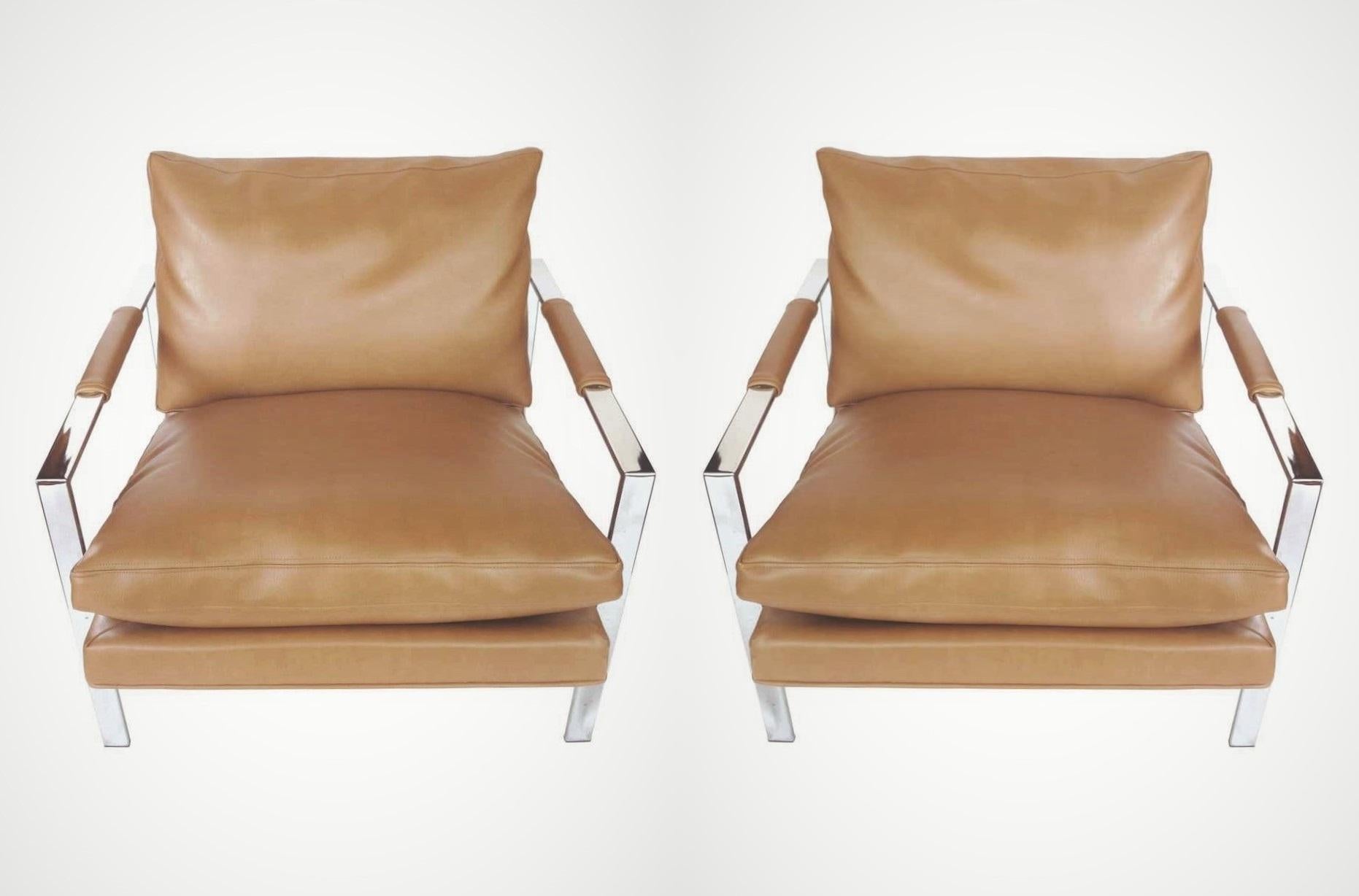 American Pair of Milo Baughman for Thayer Coggin Flat Bar Chrome Lounge Chairs