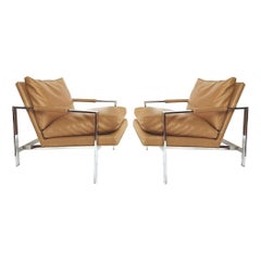 Pair of Milo Baughman for Thayer Coggin Flat Bar Chrome Lounge Chairs