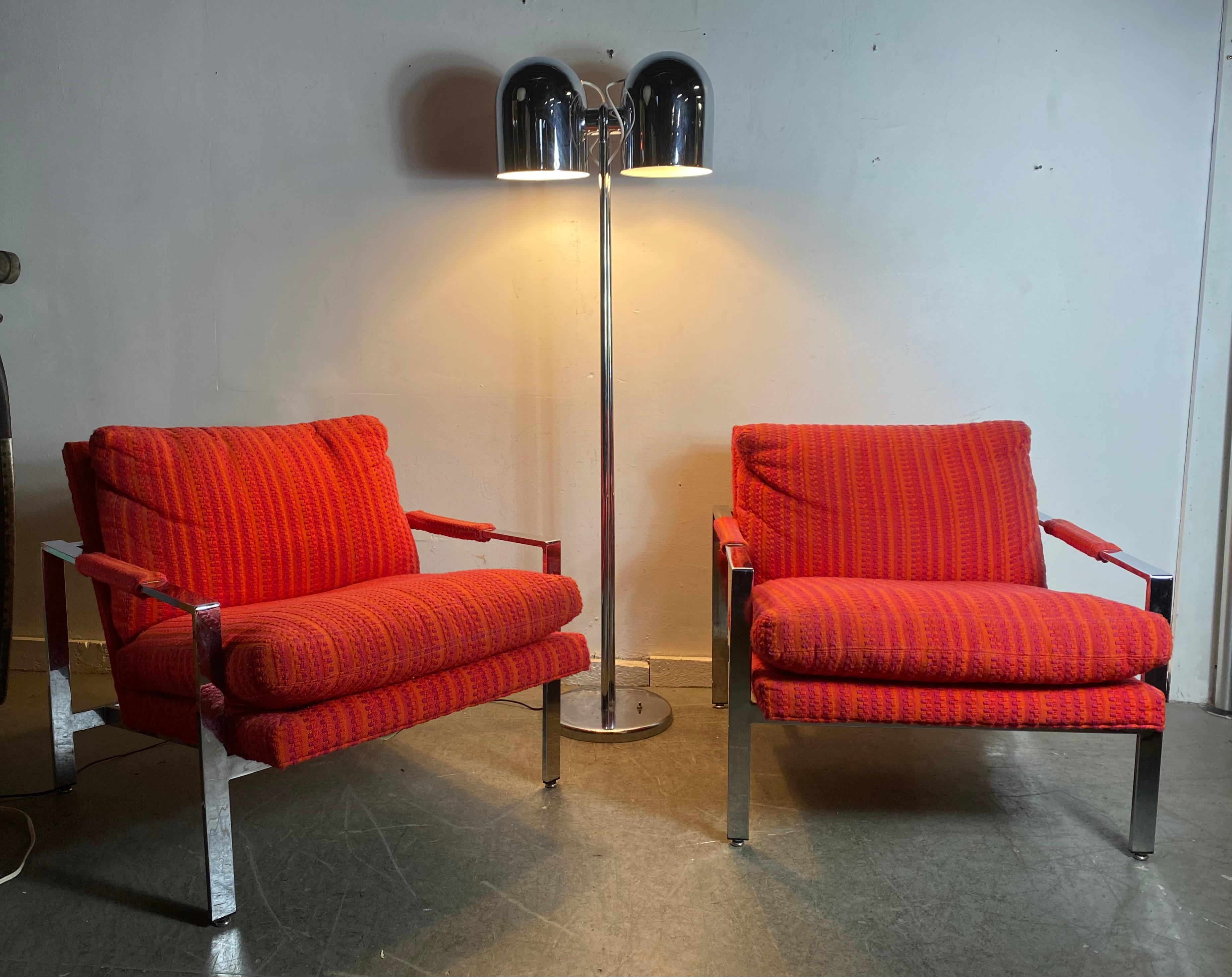 Matching pair of Chromed steel lounge chairs designed by Milo Baughman for Thayer Coggin.. Retains original Jack Lenor Larsen fabric,, Nice original condition,,minor soiling,,, Also retains original labels,, Extremely comfortable,,Classic design,,