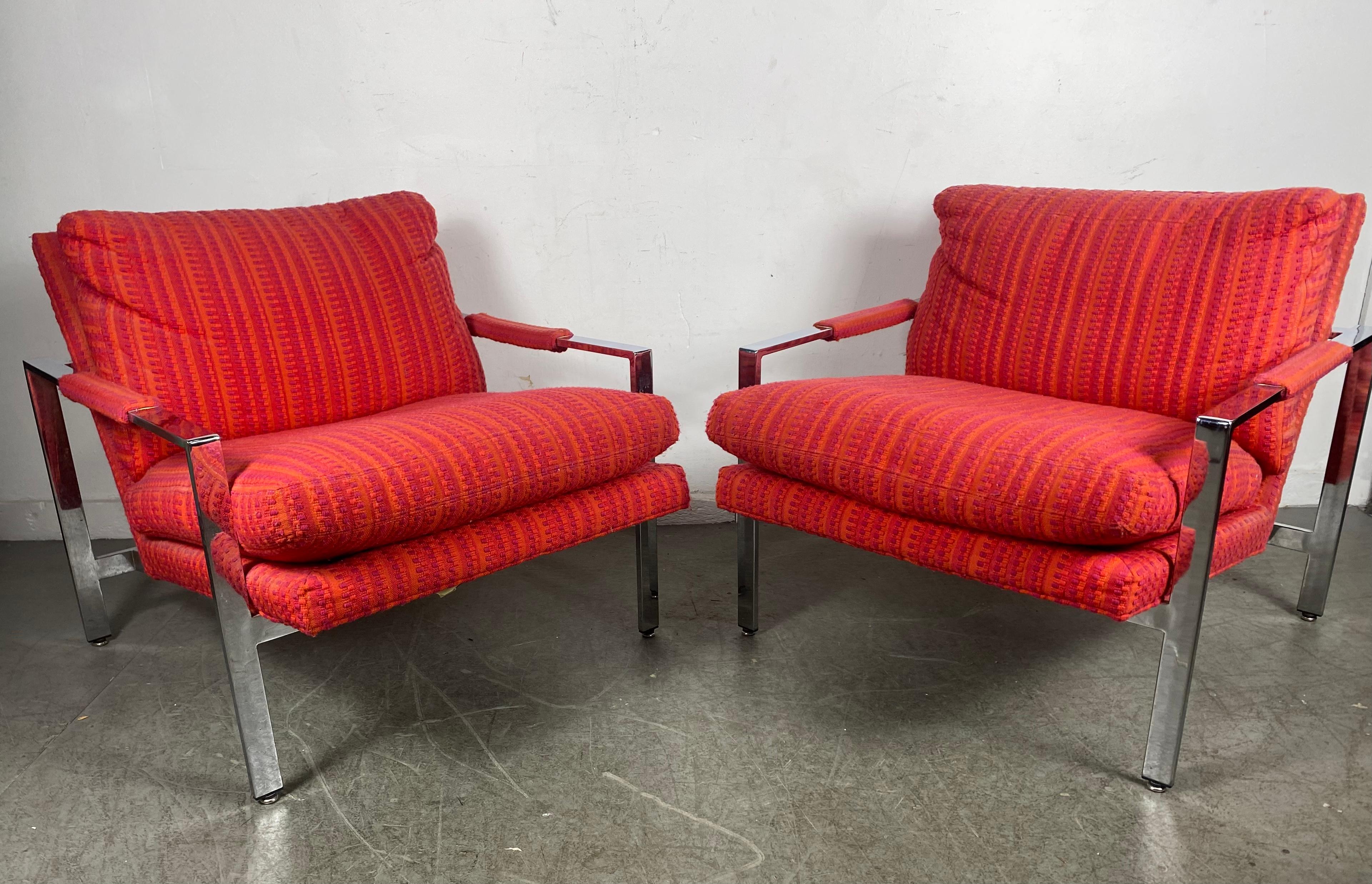 Pair Milo Baughman for Thayer Coggin Lounge Chairs , Original Jack Larsen Fabric In Good Condition In Buffalo, NY