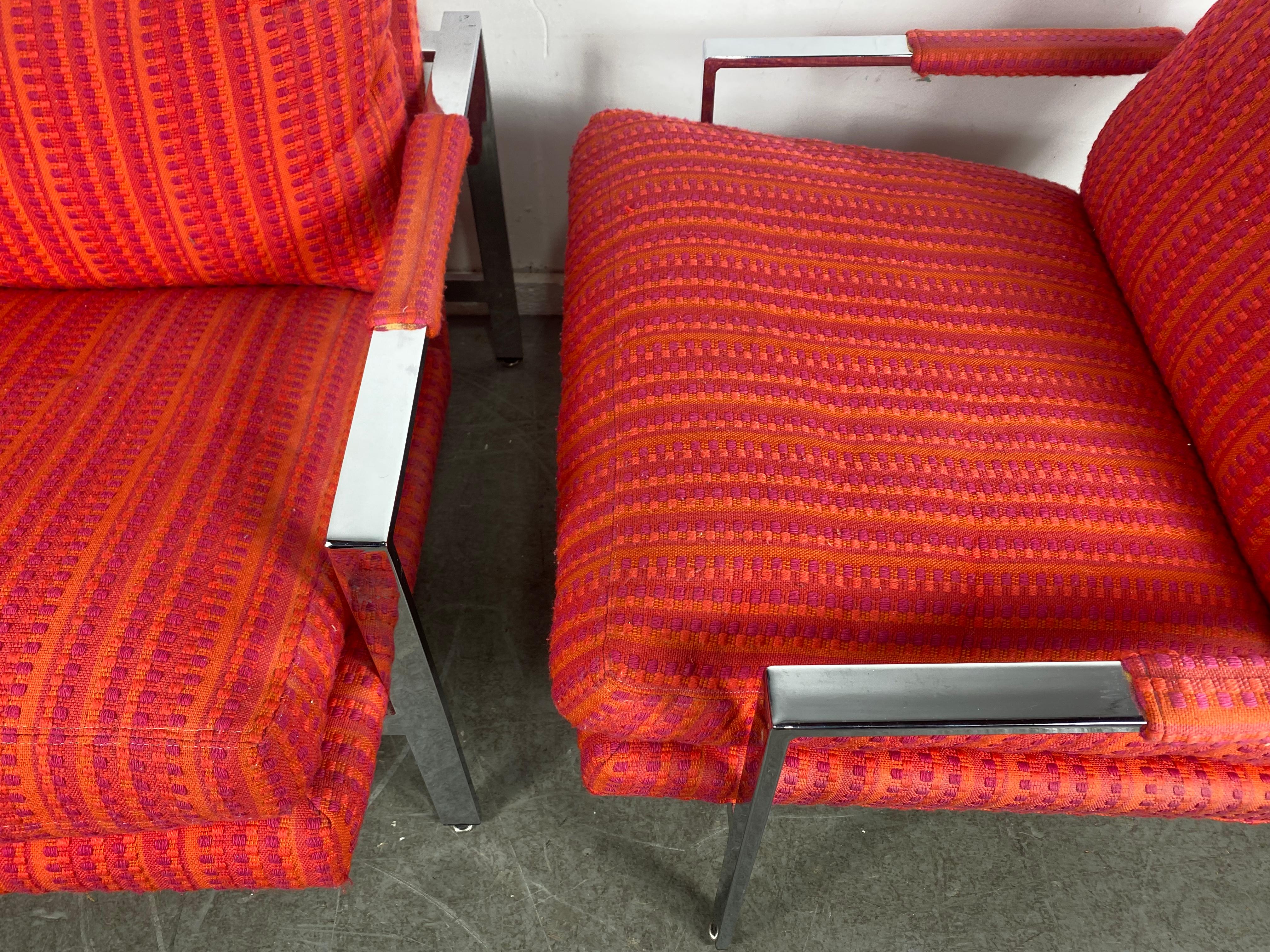 Mid-20th Century Pair Milo Baughman for Thayer Coggin Lounge Chairs , Original Jack Larsen Fabric