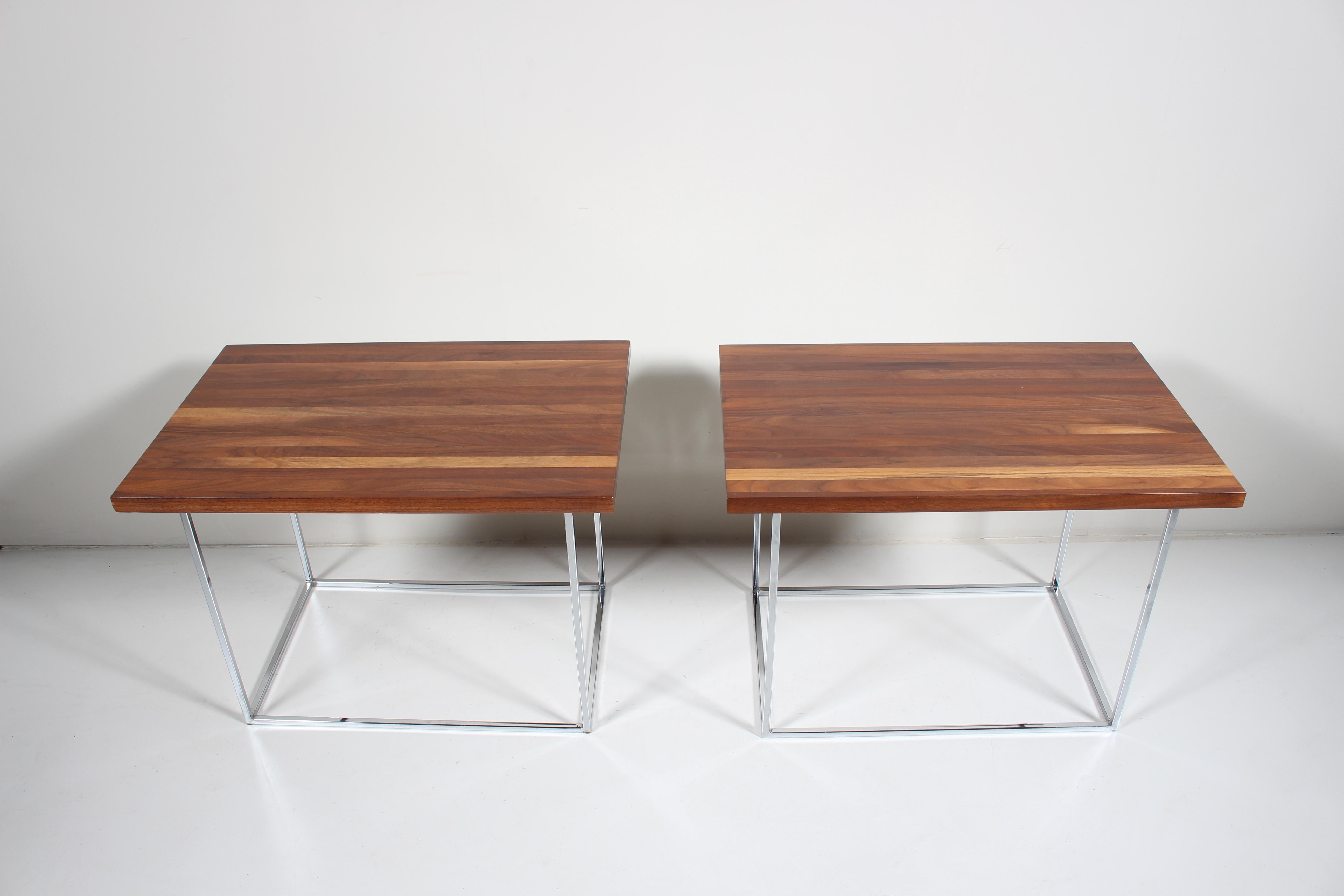 Pair of Milo Baughman for Thayer Coggin attributed Black Walnut & Chrome End Tables, Side Tables, Nightstands, circa 1970. Featuring open rectangular interior (16 x 24.5 x 19.75H) Chrome frameworks, reflective (.5W x .5D) Chrome tubes with thick,