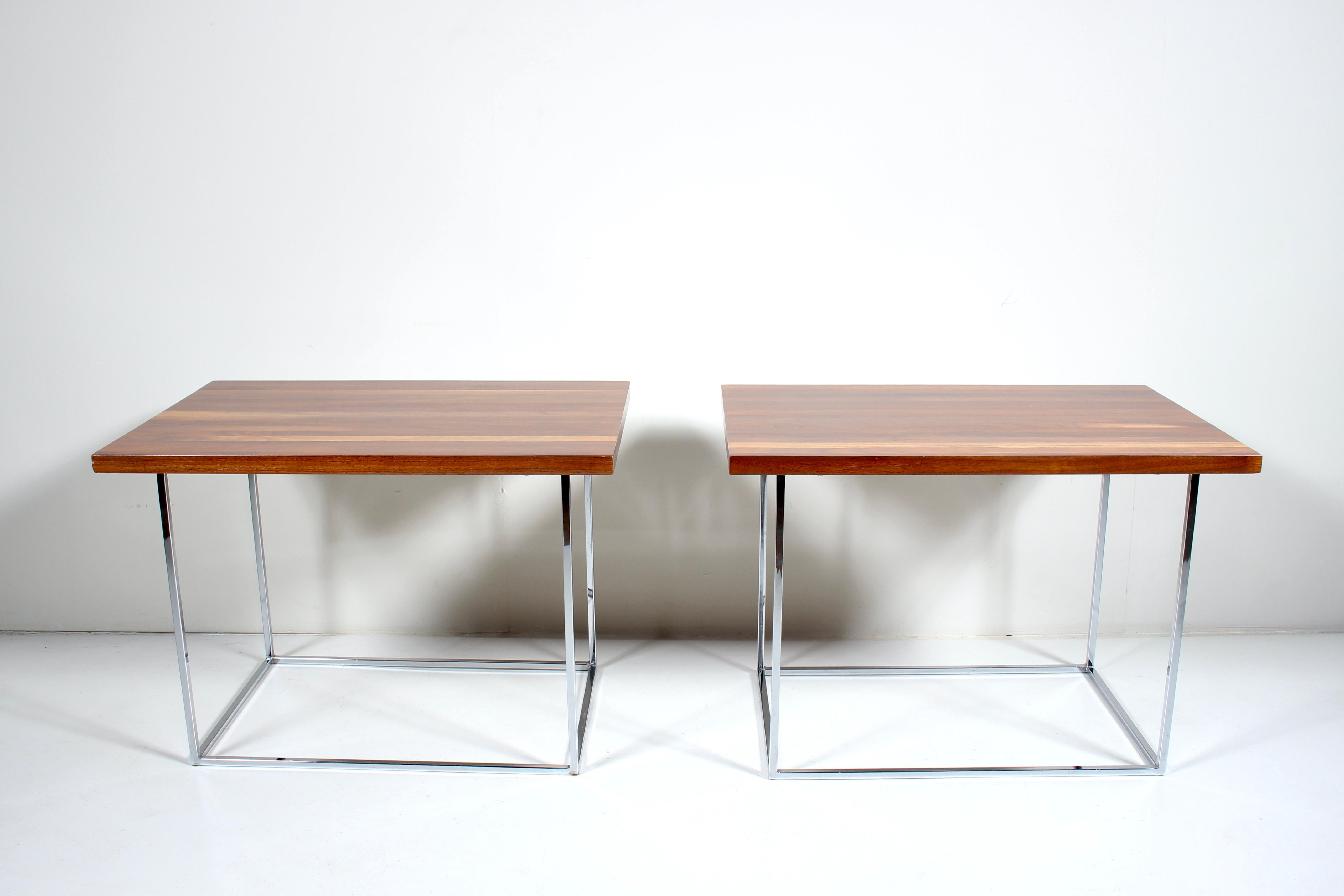 Mid-Century Modern Pair Milo Baughman for Thayer Coggin Solid Dark Walnut & Chrome Tables  For Sale