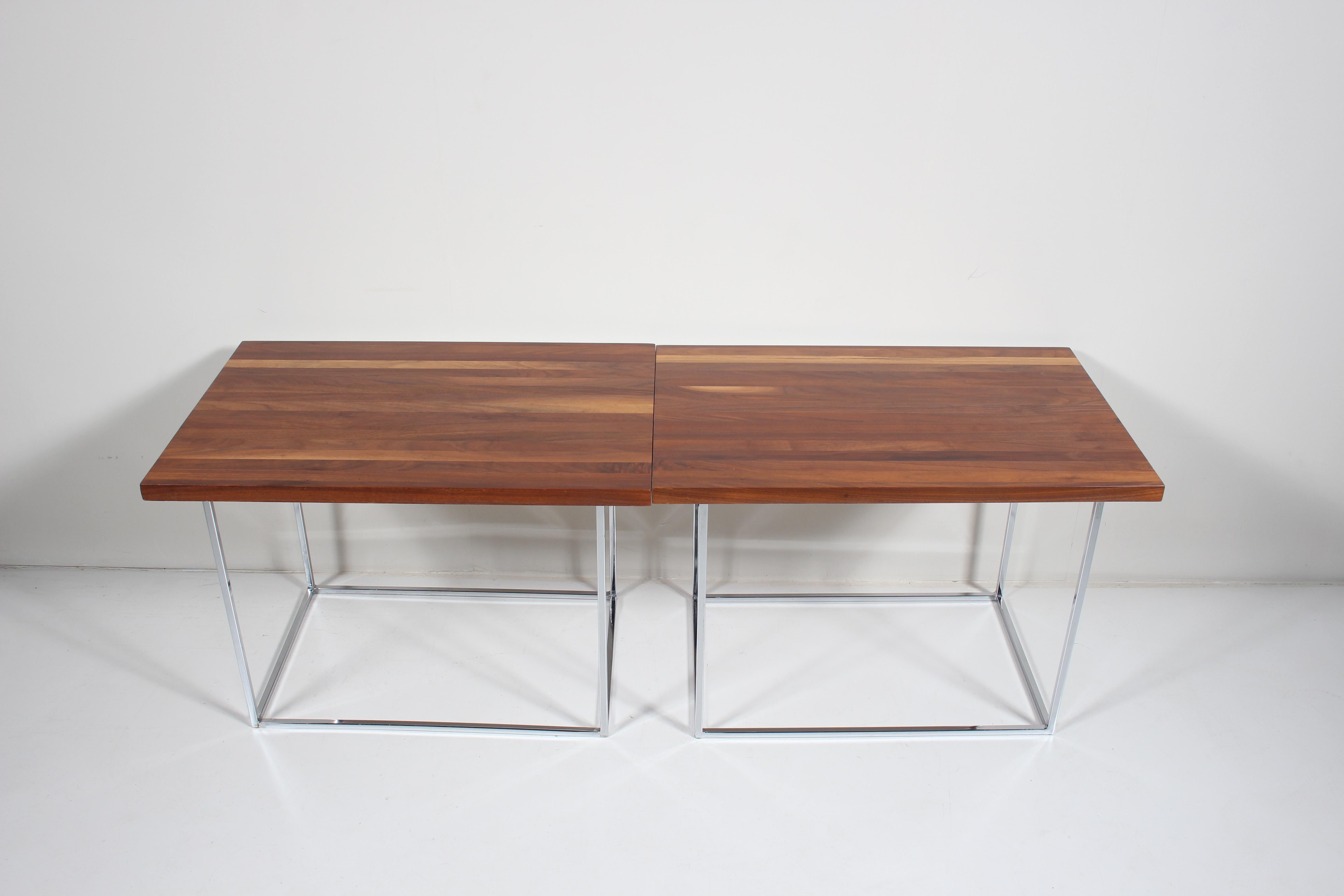 American Pair Milo Baughman for Thayer Coggin Solid Dark Walnut & Chrome Tables  For Sale