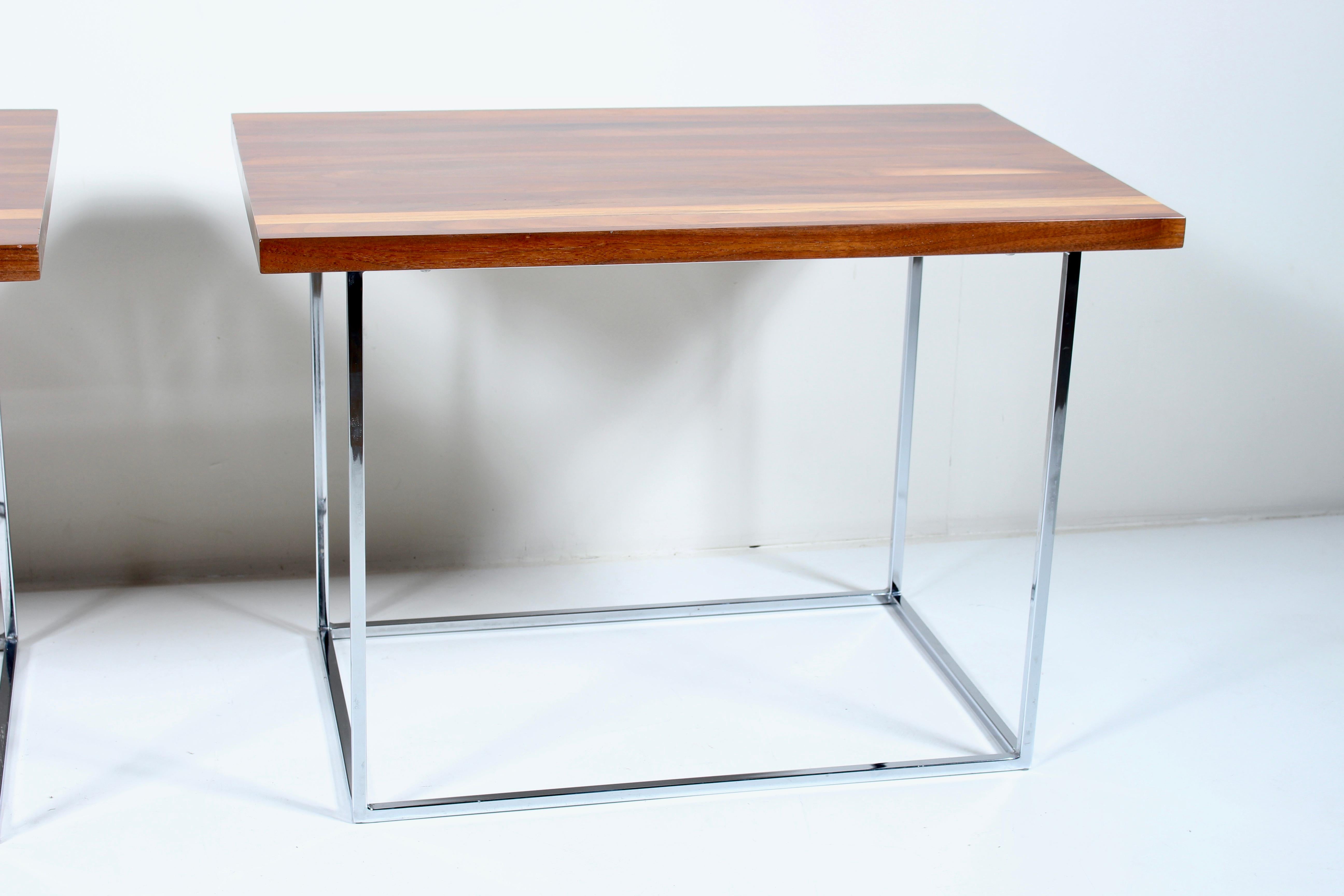 Mid-20th Century Pair Milo Baughman for Thayer Coggin Solid Dark Walnut & Chrome Tables  For Sale