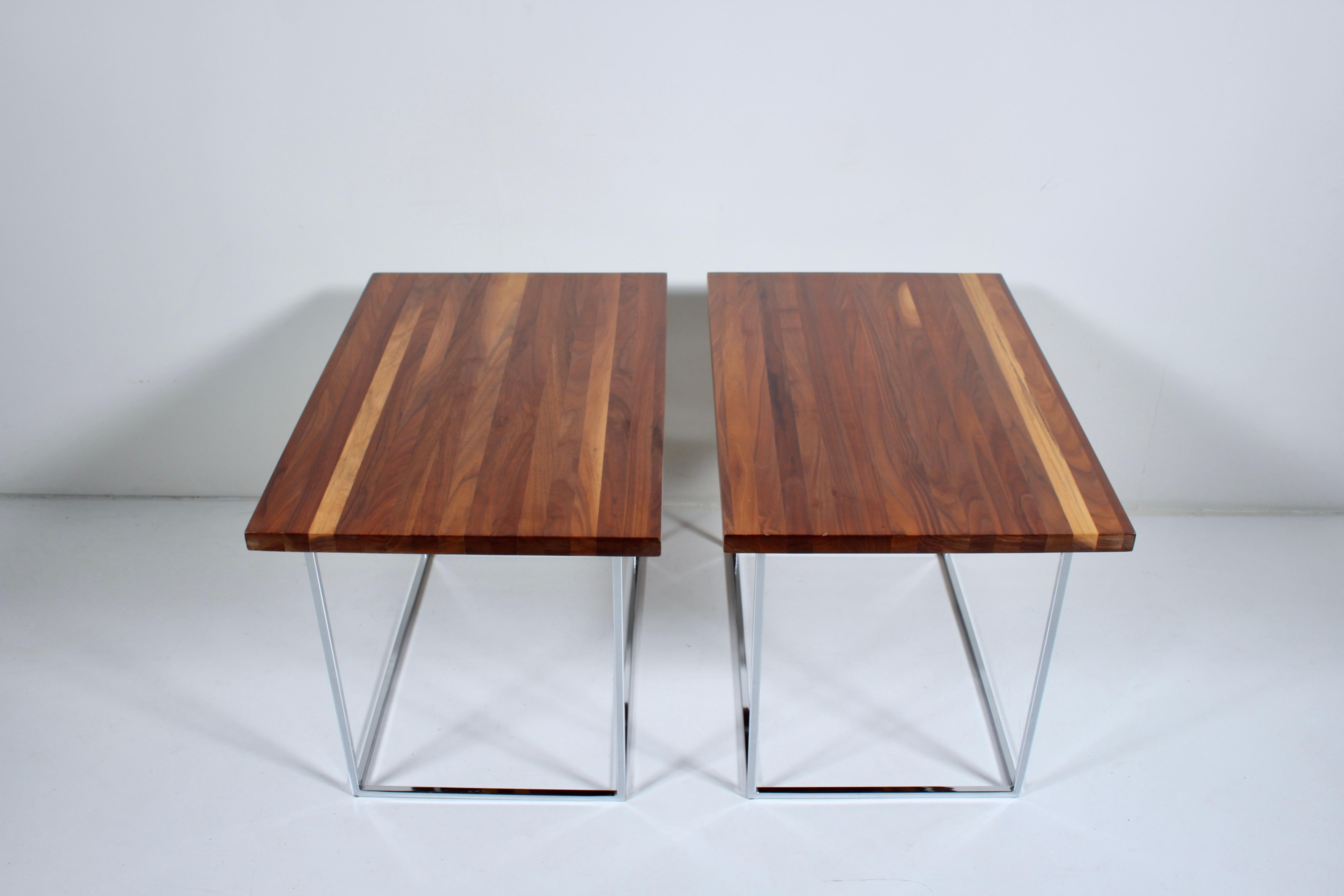 Pair Milo Baughman for Thayer Coggin Solid Dark Walnut & Chrome Tables  For Sale 2