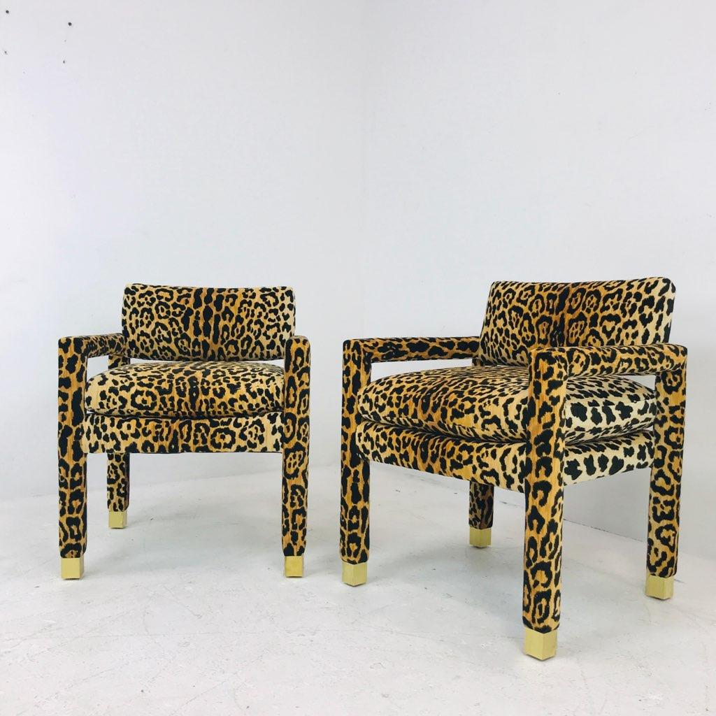 Pair of Milo Baughman Leopard Parsons Chairs with Brass Sabots 4