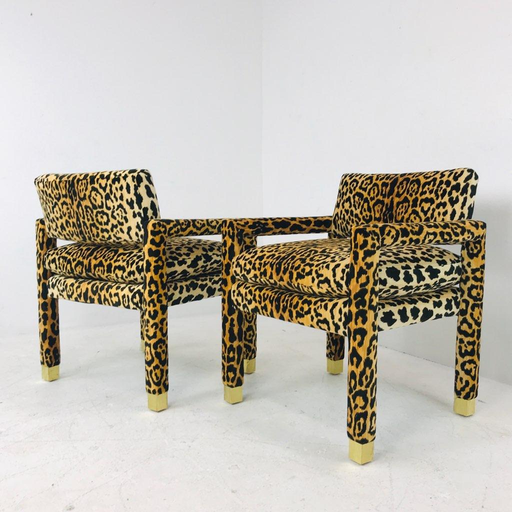 Pair of Milo Baughman Leopard Parsons Chairs with Brass Sabots 5