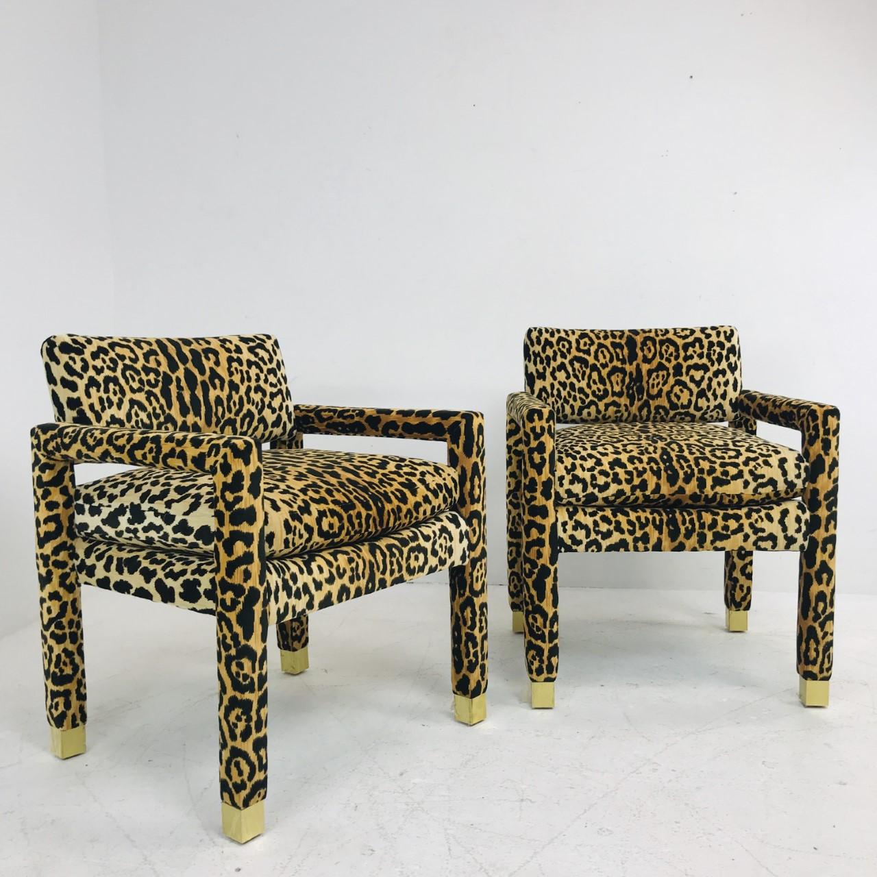 Mid-Century Modern Pair of Milo Baughman Leopard Parsons Chairs with Brass Sabots