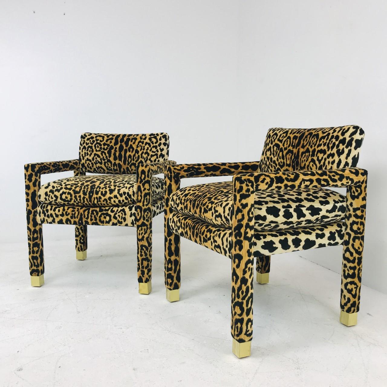 Pair of Milo Baughman Leopard Parsons Chairs with Brass Sabots In Good Condition In Dallas, TX