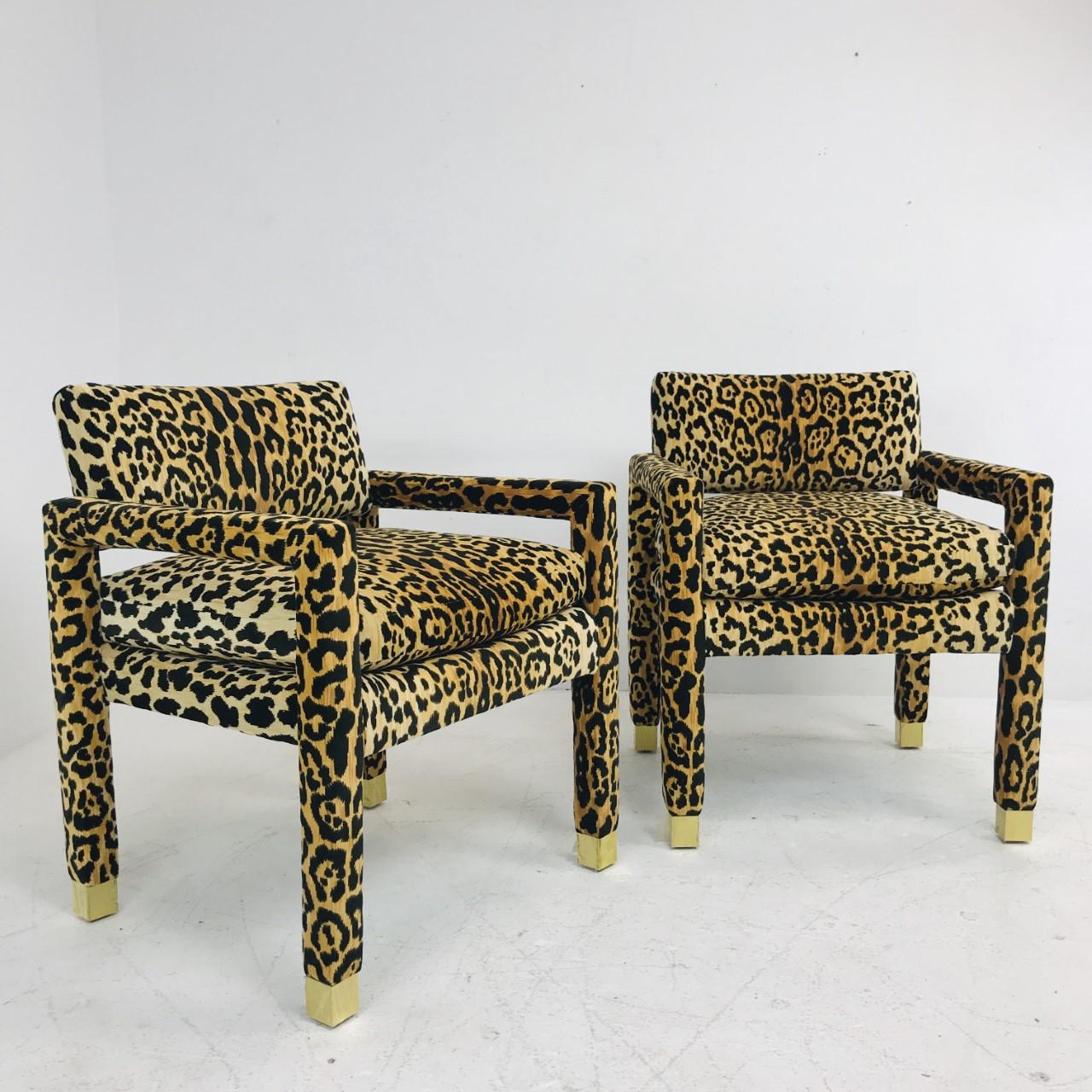 Velvet Pair of Milo Baughman Leopard Parsons Chairs with Brass Sabots