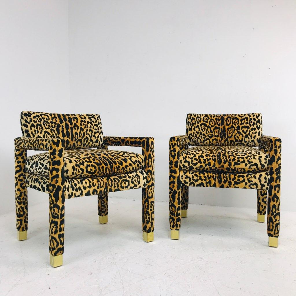 Pair of Milo Baughman Leopard Parsons Chairs with Brass Sabots 1