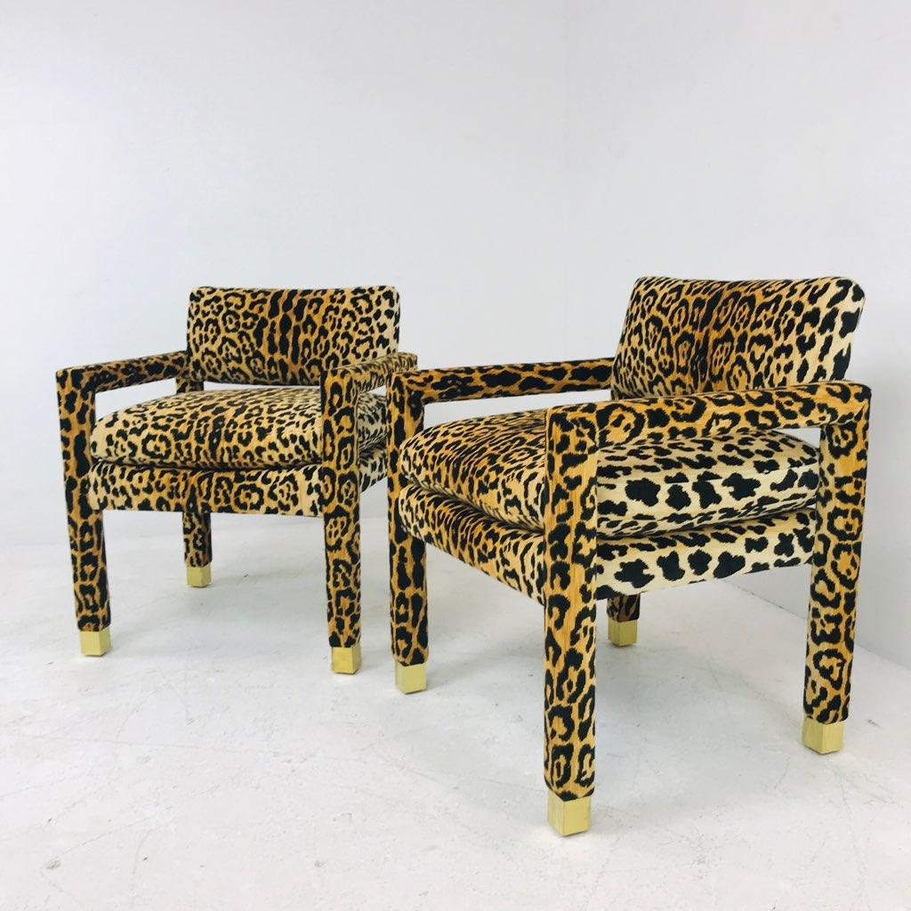 Pair of Milo Baughman Leopard Parsons Chairs with Brass Sabots 2