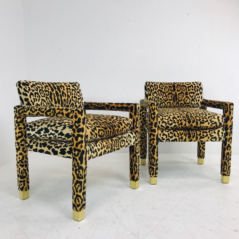 Pair of Milo Baughman Leopard Parsons Chairs with Brass Sabots 3