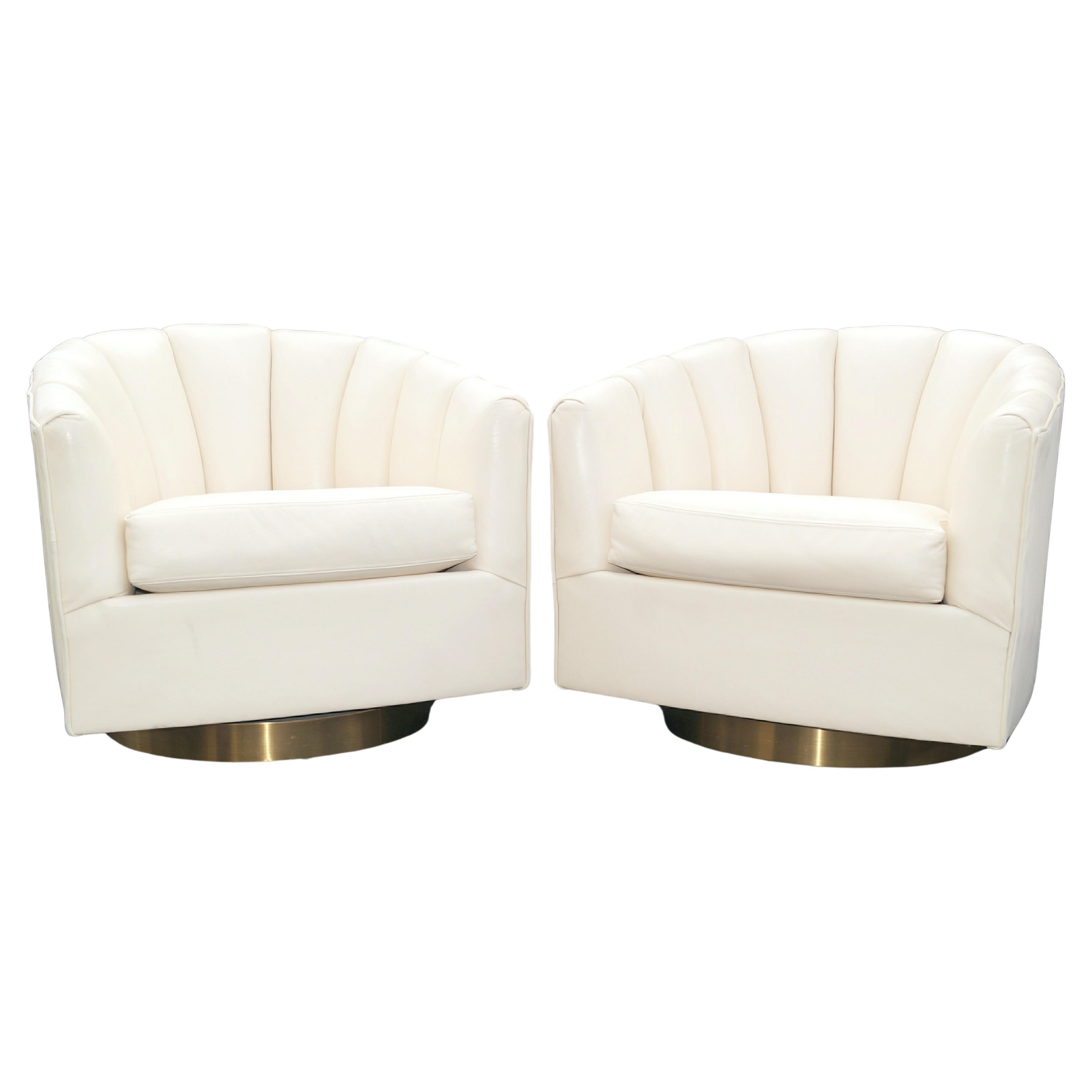 Pair Milo Baughman Style Brass Base Swivel Lounge Chairs 2 Pairs available For Sale