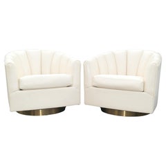 Pair Milo Baughman Style Brass Base Swivel Lounge Chairs 2 Pairs available