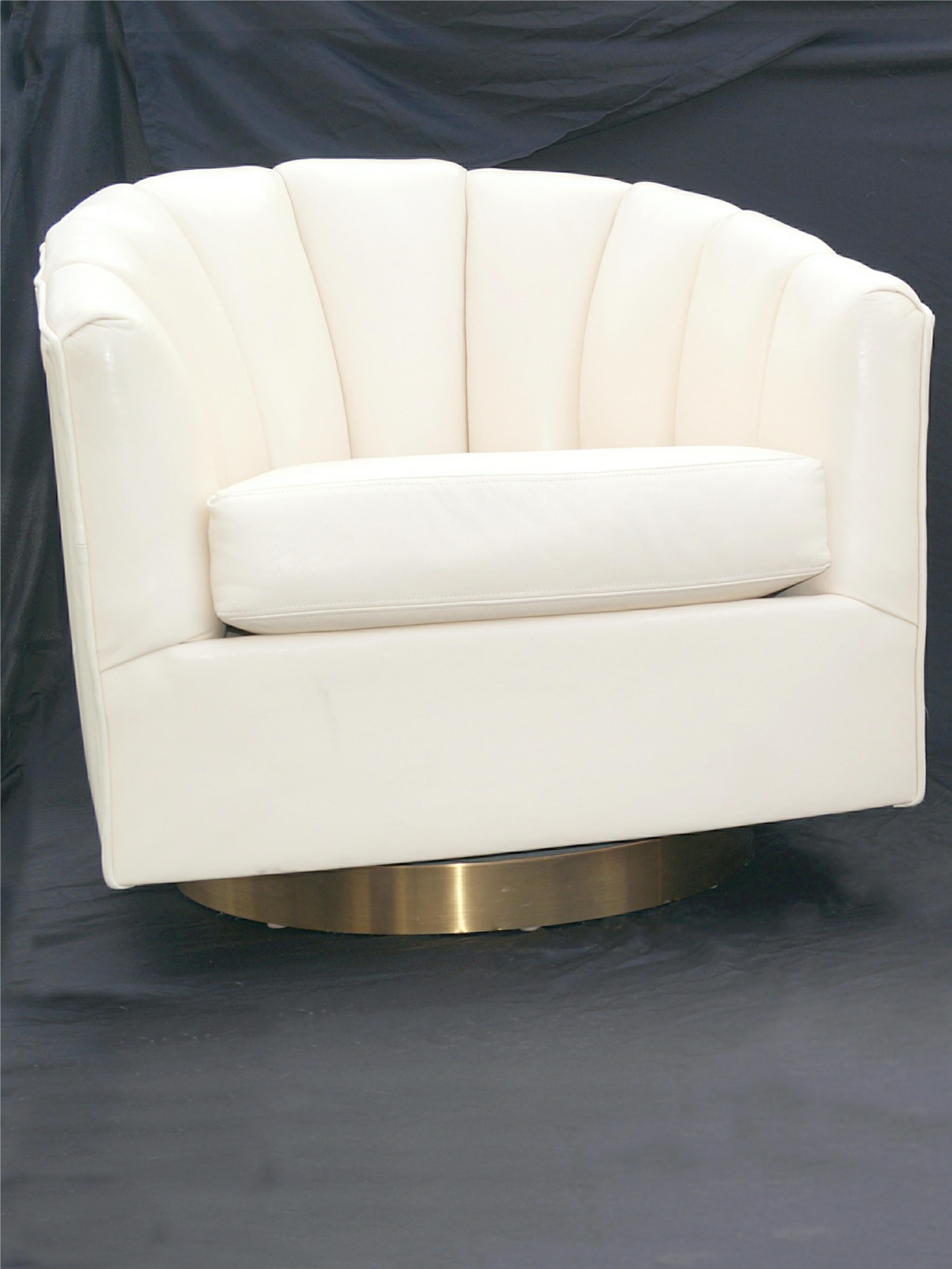 Mid-Century Modern Pair Milo Baughman Style Brass Base Swivel Lounge Chairs For Sale