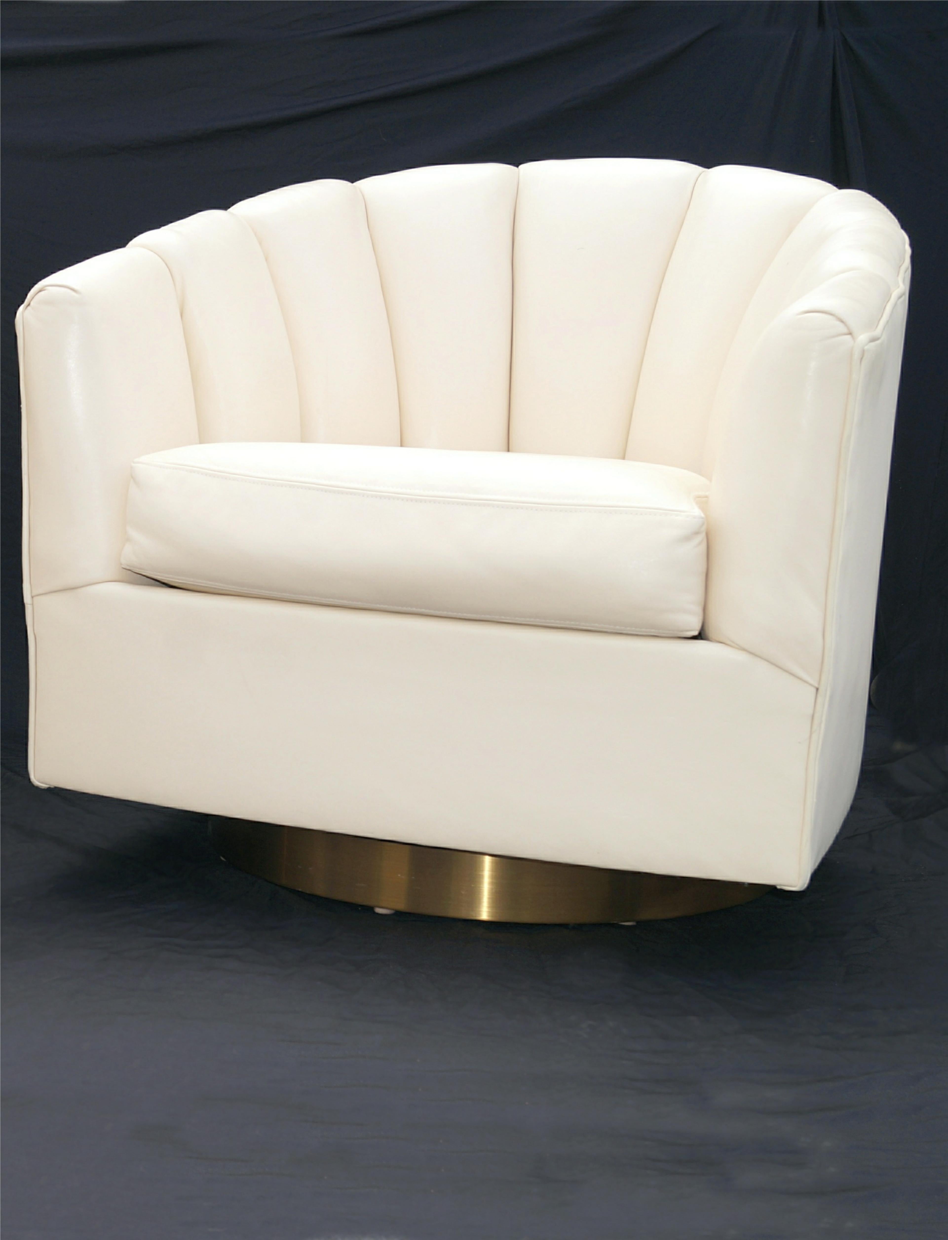 American Pair Milo Baughman Style Brass Base Swivel Lounge Chairs For Sale