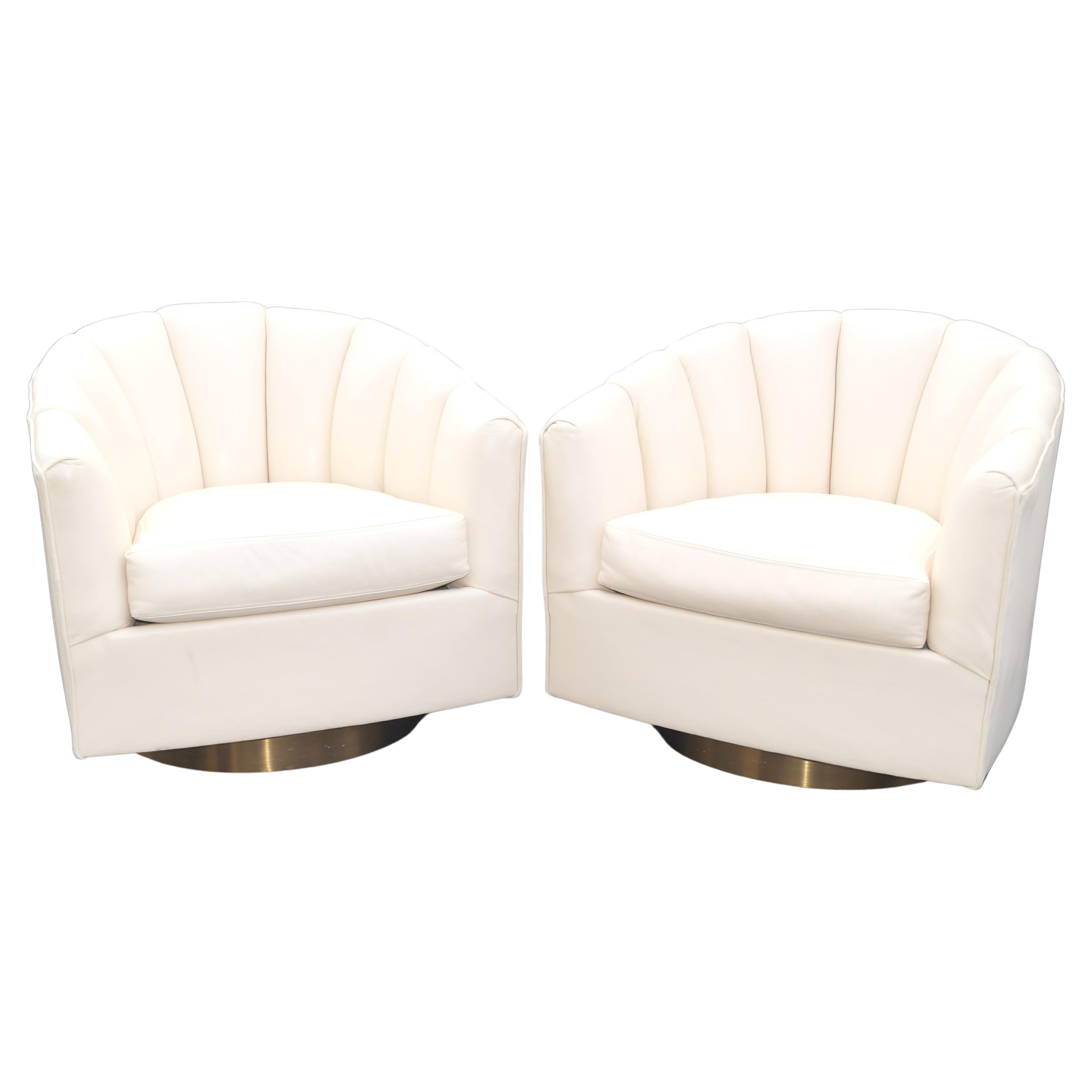 Pair Milo Baughman Style Brass Base Swivel Lounge Chairs For Sale