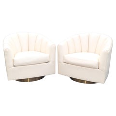 Pair Milo Baughman Style Brass Base Swivel Lounge Chairs