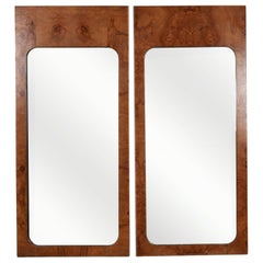 Pair Milo Baughman Style Burl Wood Mid Century Wall Mirrors