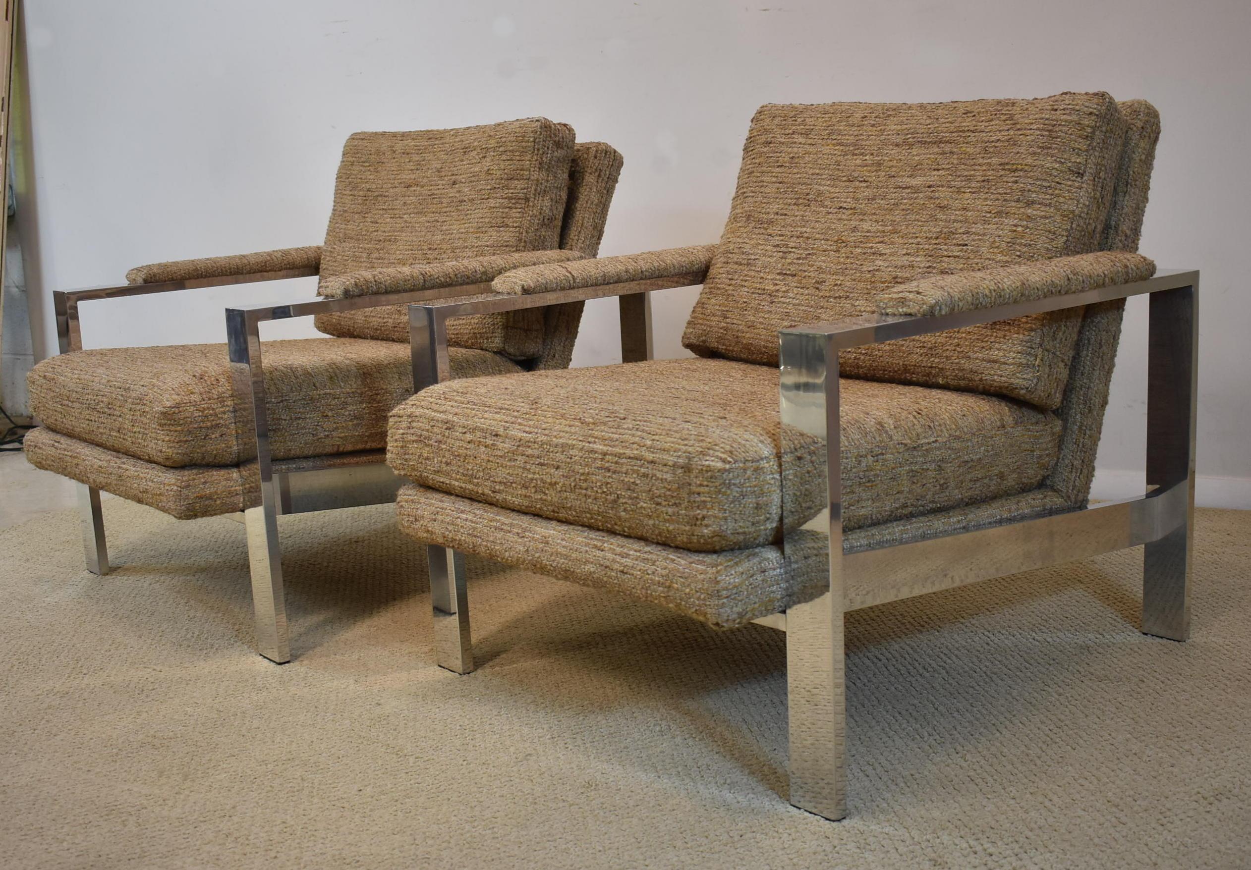 Pair of Milo Baughman style lounge chairs with wide flat bar chrome frame. Tweed fabric in shades of tan and brown.