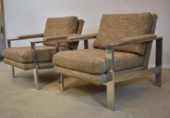 Pair of Milo Baughman Style Lounge Chairs Wide Chrome Flat Bar Frame