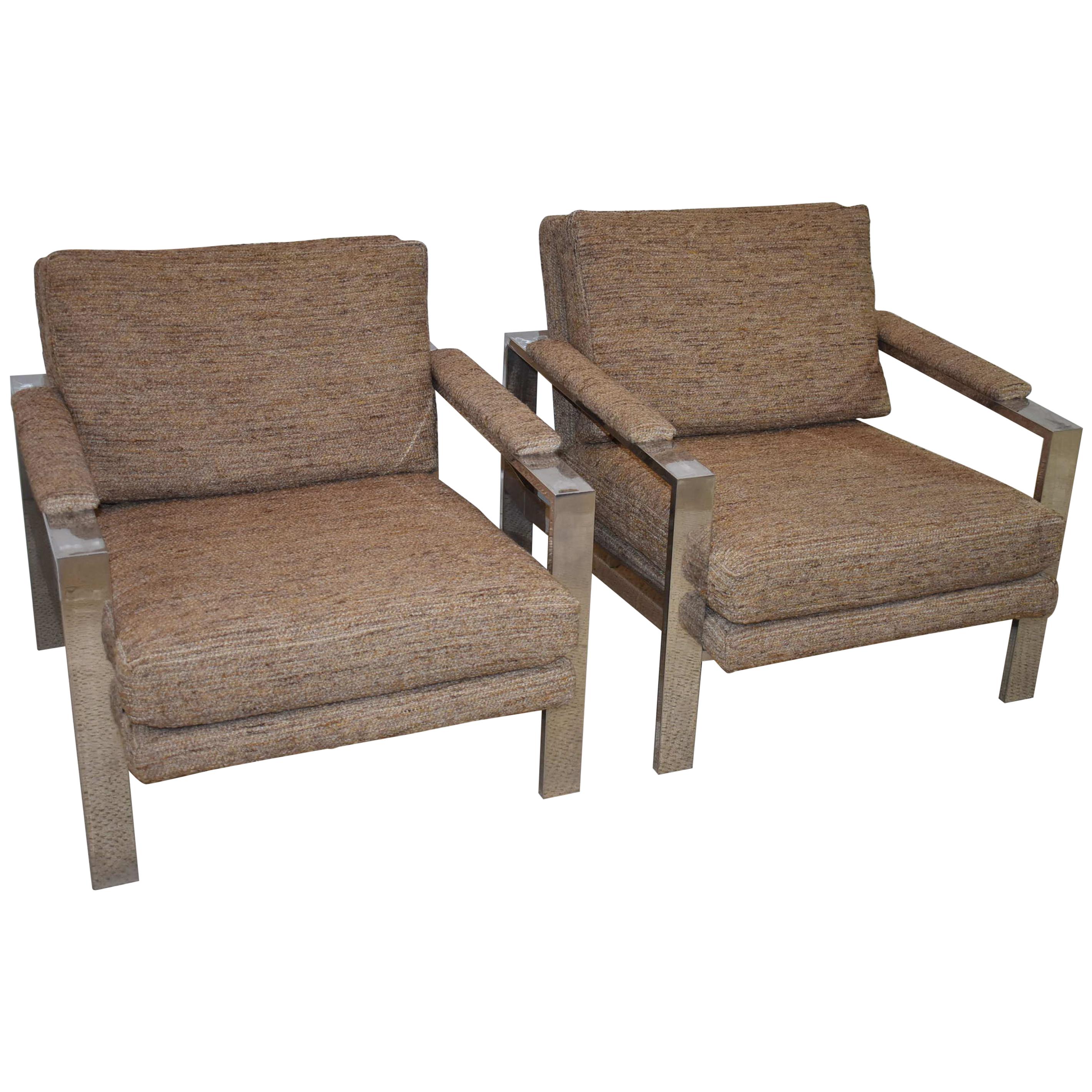 Pair of Milo Baughman Style Lounge Chairs Wide Chrome Flat Bar Frame