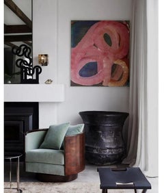 Pair Milo Baughman Style Wood-Frame Barrel Back Swivel Chairs