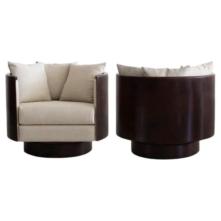 Pair Milo Baughman Style Wood-Frame Barrel Back Swivel Chairs