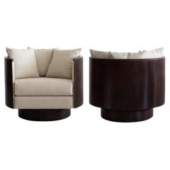 Retro Pair Milo Baughman Style Wood-Frame Barrel Back Swivel Chairs