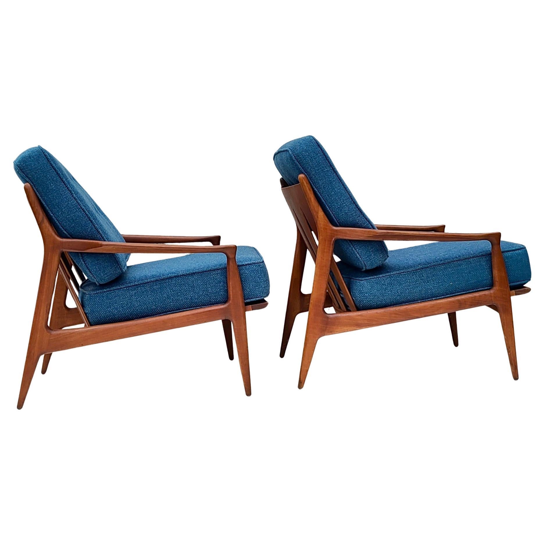 Pair Milo Baughman Thayer Coggin Archie Low Lounge Chairs Walnut Open Arm For Sale 5