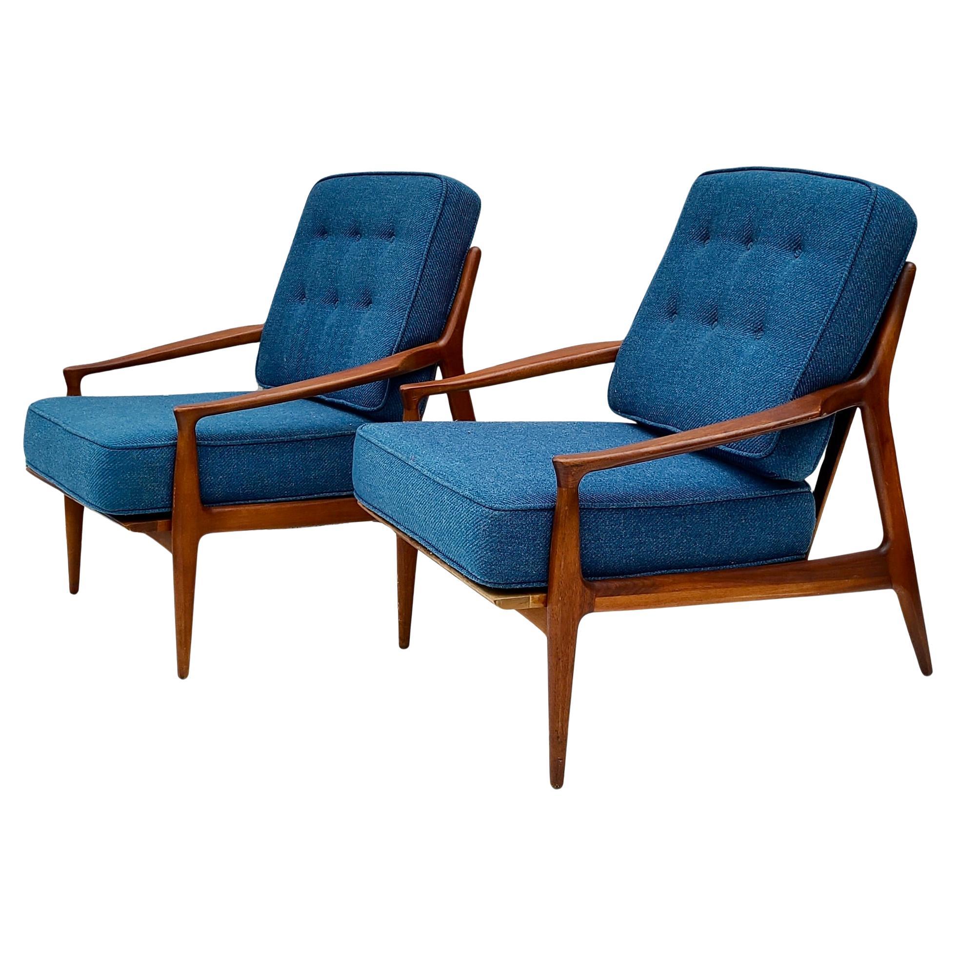 Pair Milo Baughman Thayer Coggin Archie Low Lounge Chairs Walnut Open Arm For Sale 6