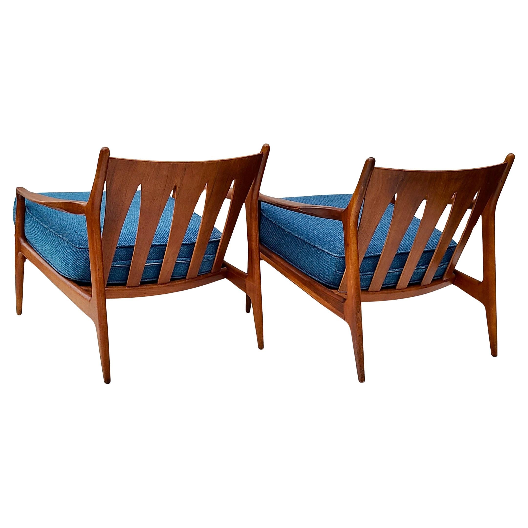 Pair Milo Baughman Thayer Coggin Archie Low Lounge Chairs Walnut Open Arm For Sale 7