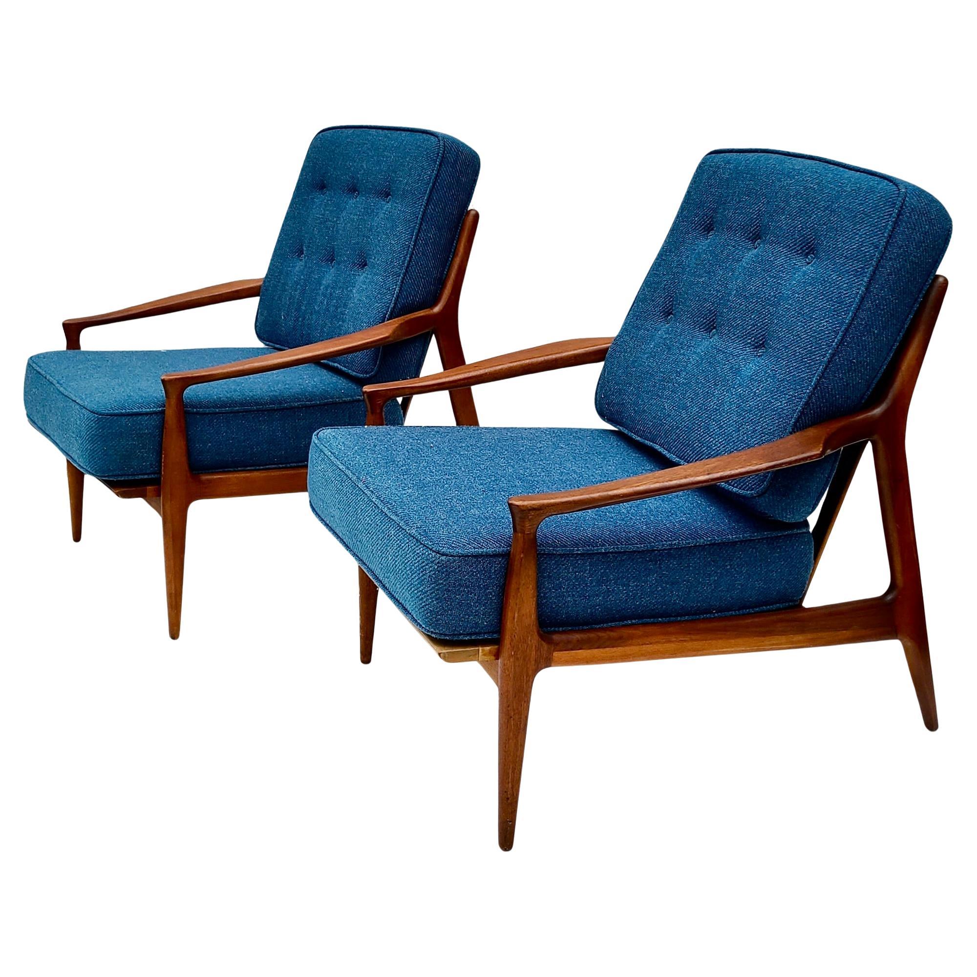 Pair Milo Baughman Thayer Coggin Archie Low Lounge Chairs Walnut Open Arm For Sale 9