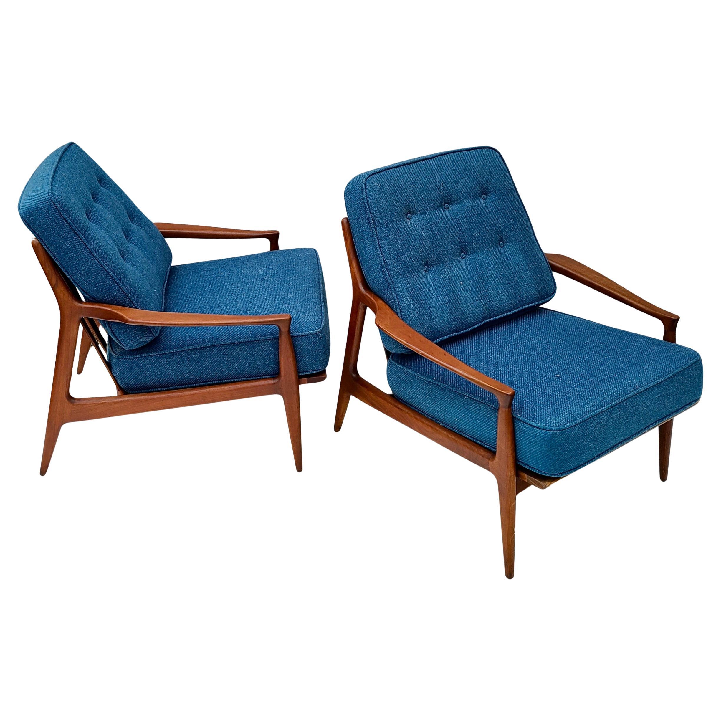 Fabric Pair Milo Baughman Thayer Coggin Archie Low Lounge Chairs Walnut Open Arm For Sale