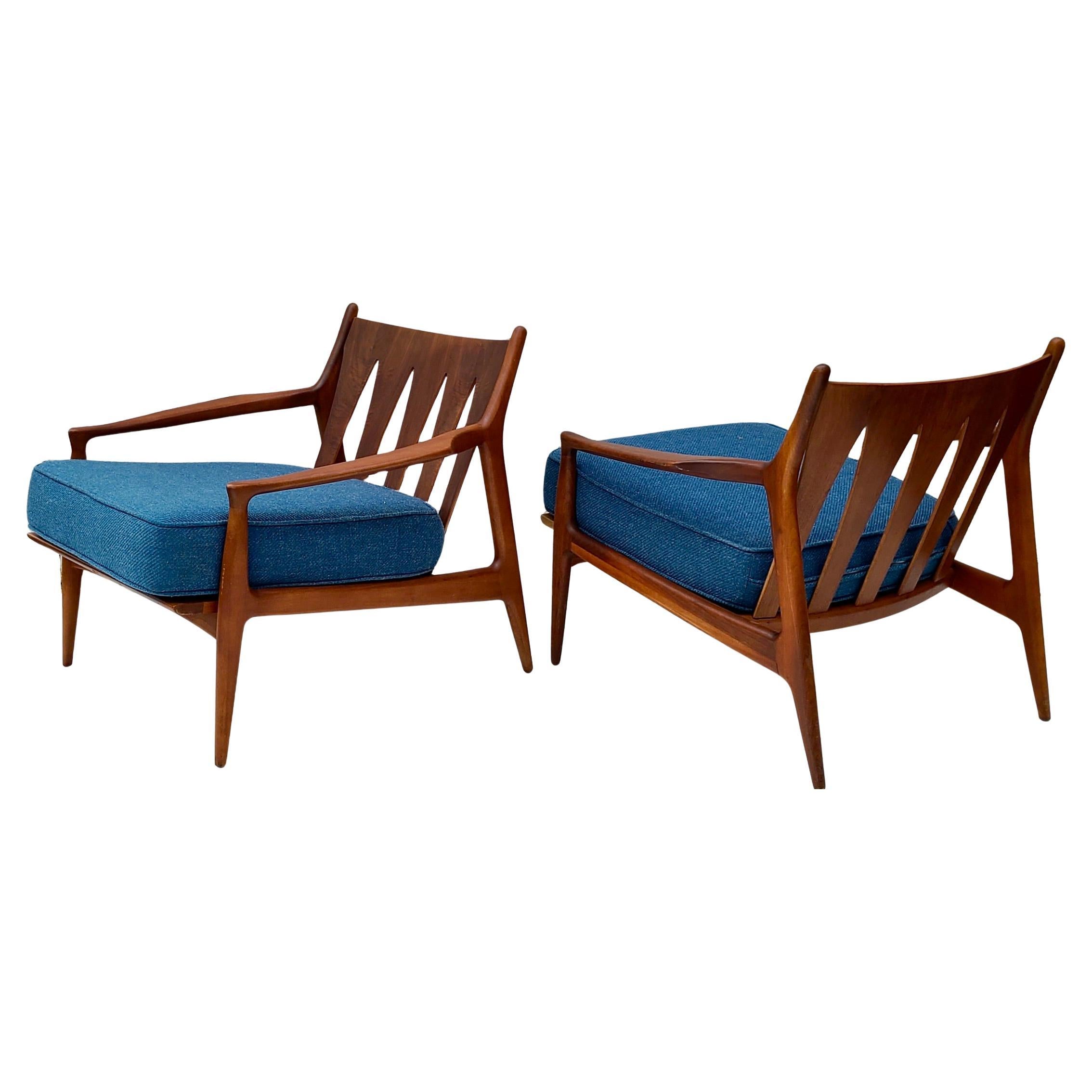 Pair Milo Baughman Thayer Coggin Archie Low Lounge Chairs Walnut Open Arm For Sale 2