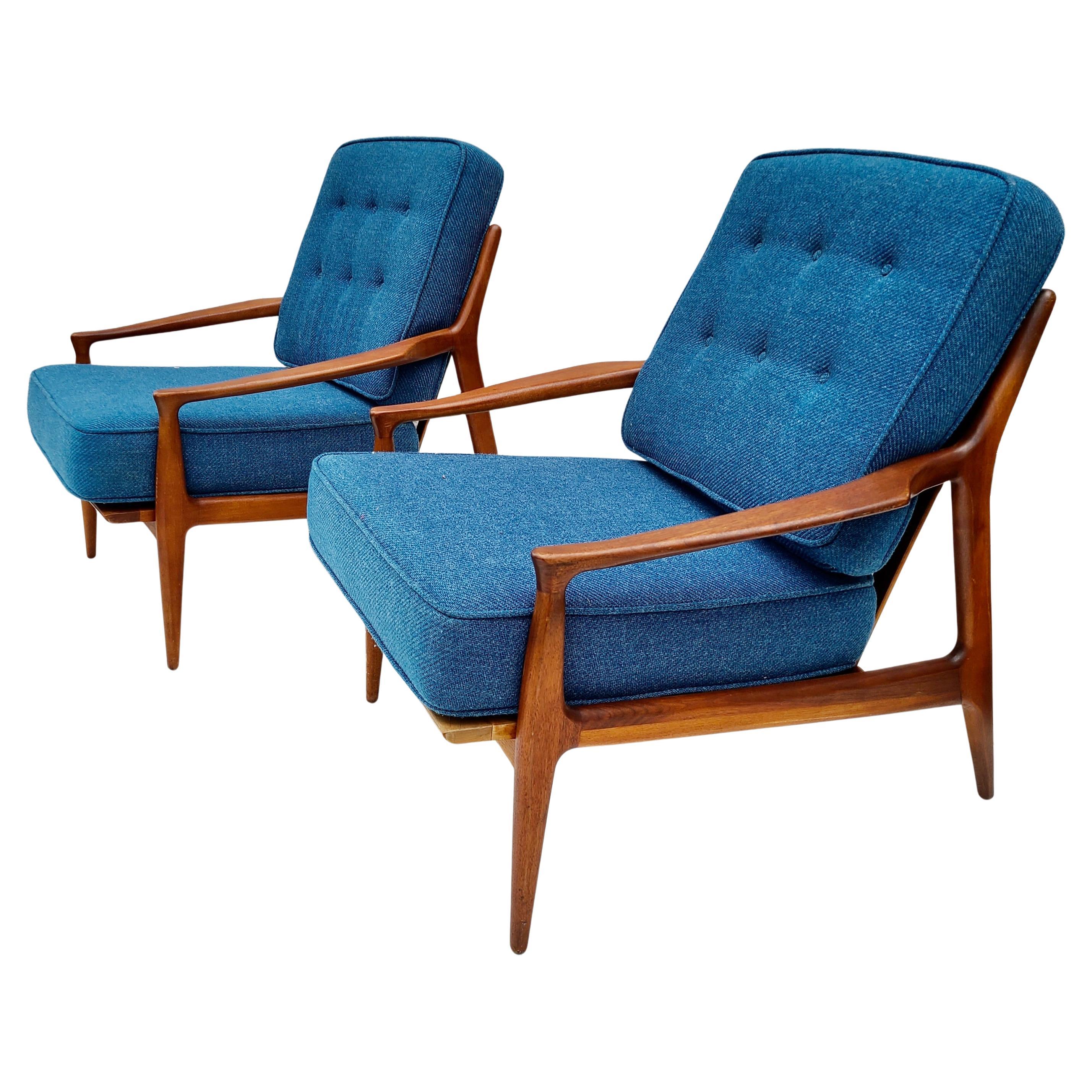Pair Milo Baughman Thayer Coggin Archie Low Lounge Chairs Walnut Open Arm For Sale 3