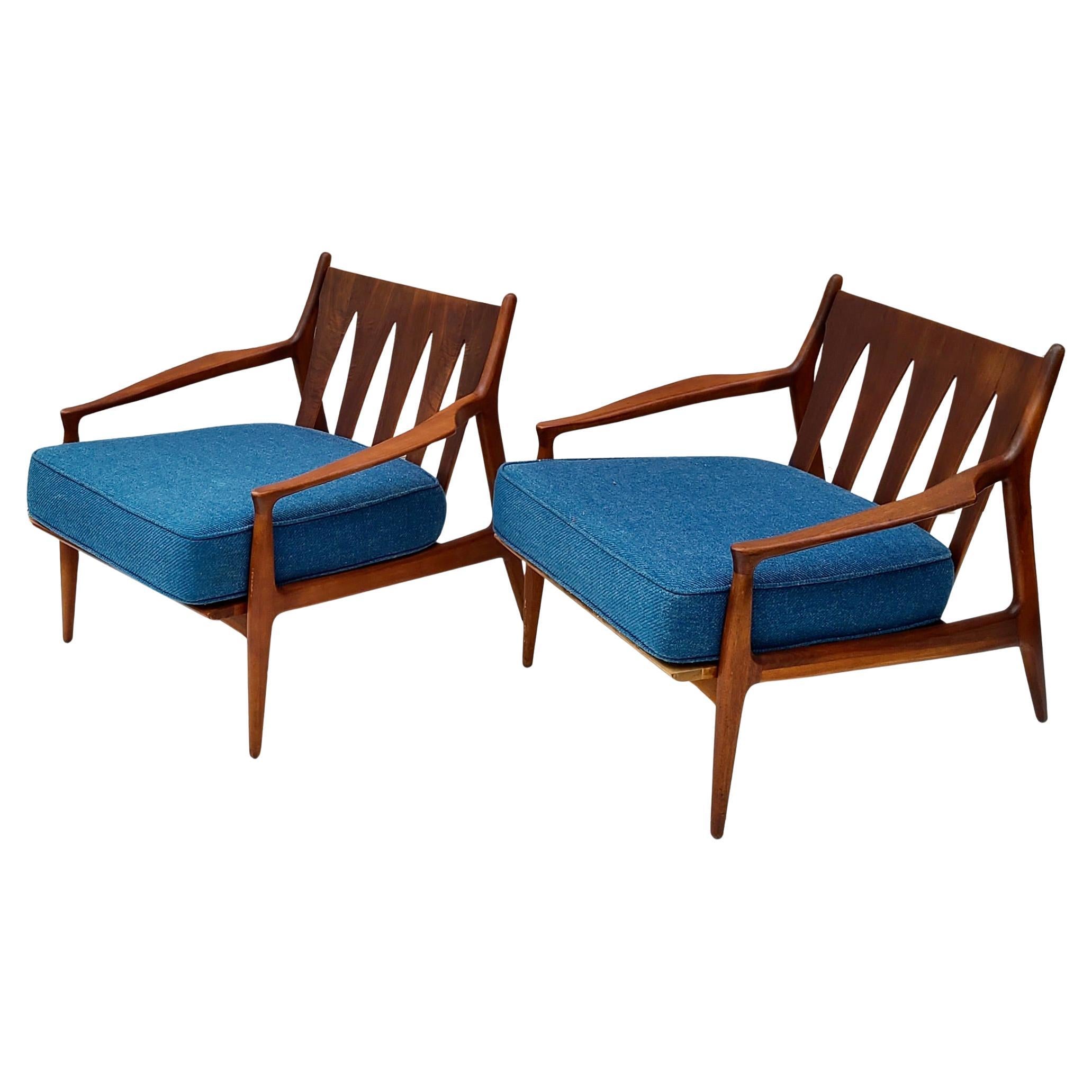 Pair Milo Baughman Thayer Coggin Archie Low Lounge Chairs Walnut Open Arm For Sale 4