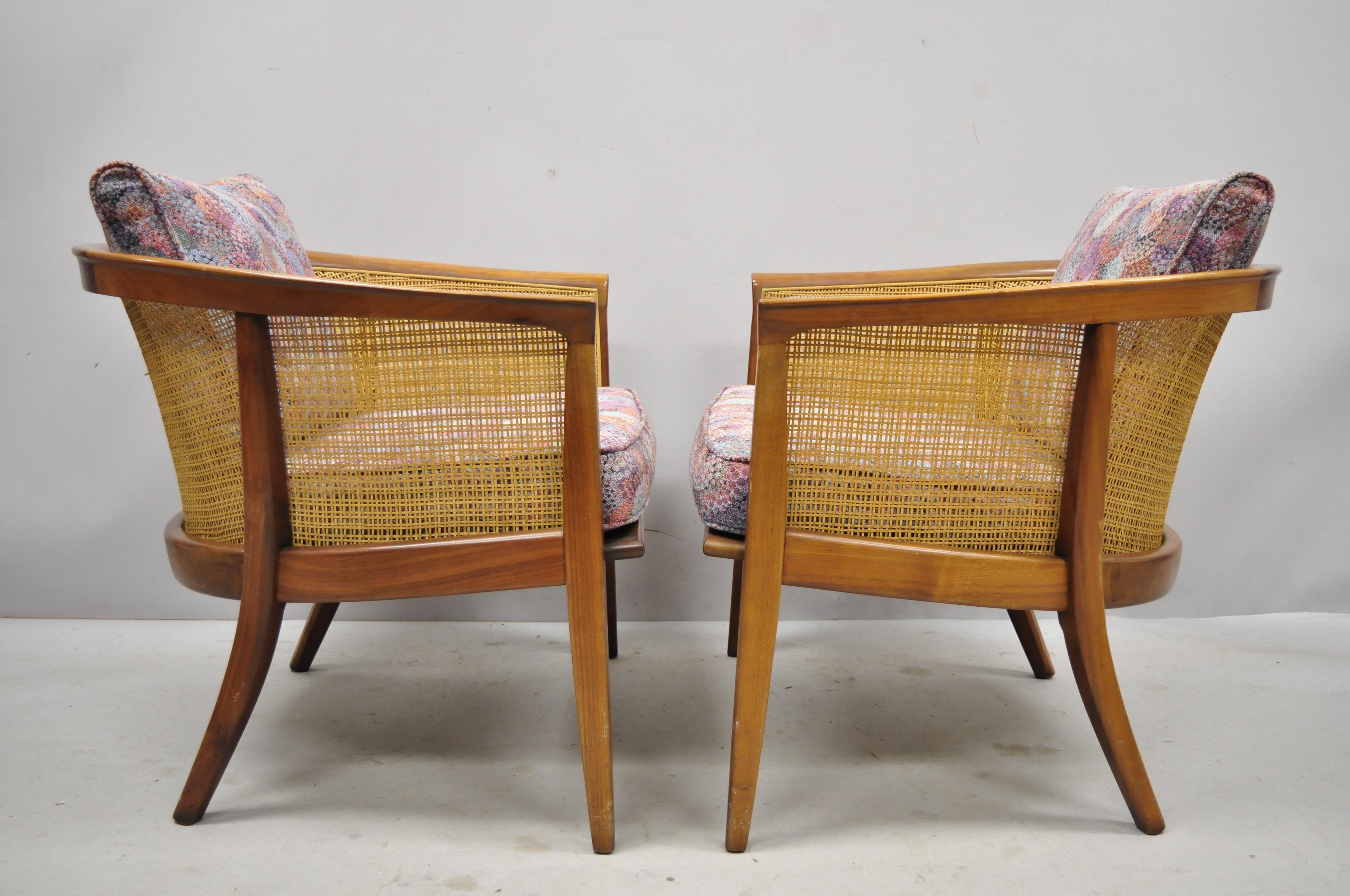 Pair of Milo Baughman Thayer Coggin Cane Barrel Back Walnut Club Lounge Chairs 1