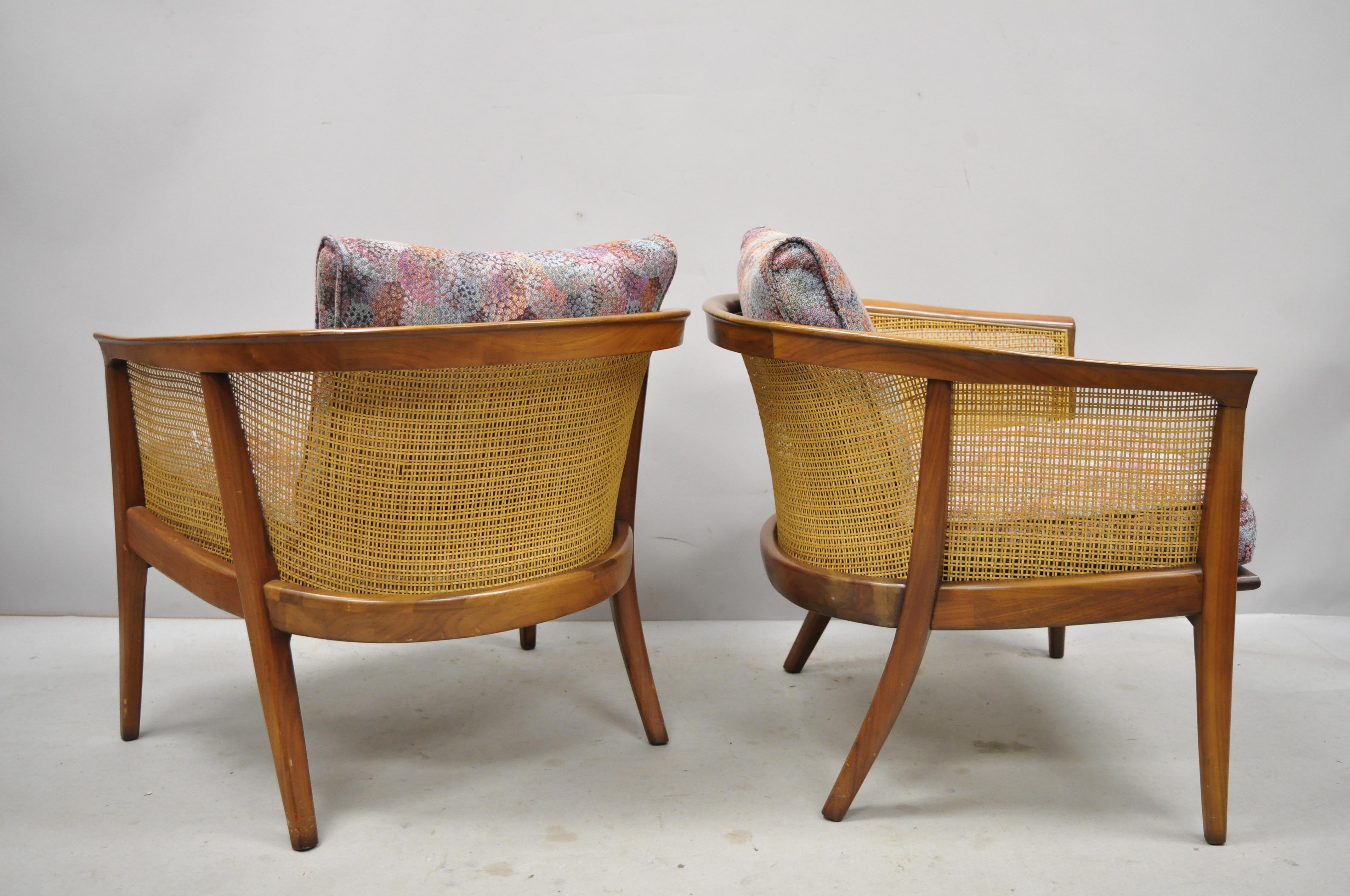 Mid-Century Modern Pair of Milo Baughman Thayer Coggin Cane Barrel Back Walnut Club Lounge Chairs For Sale