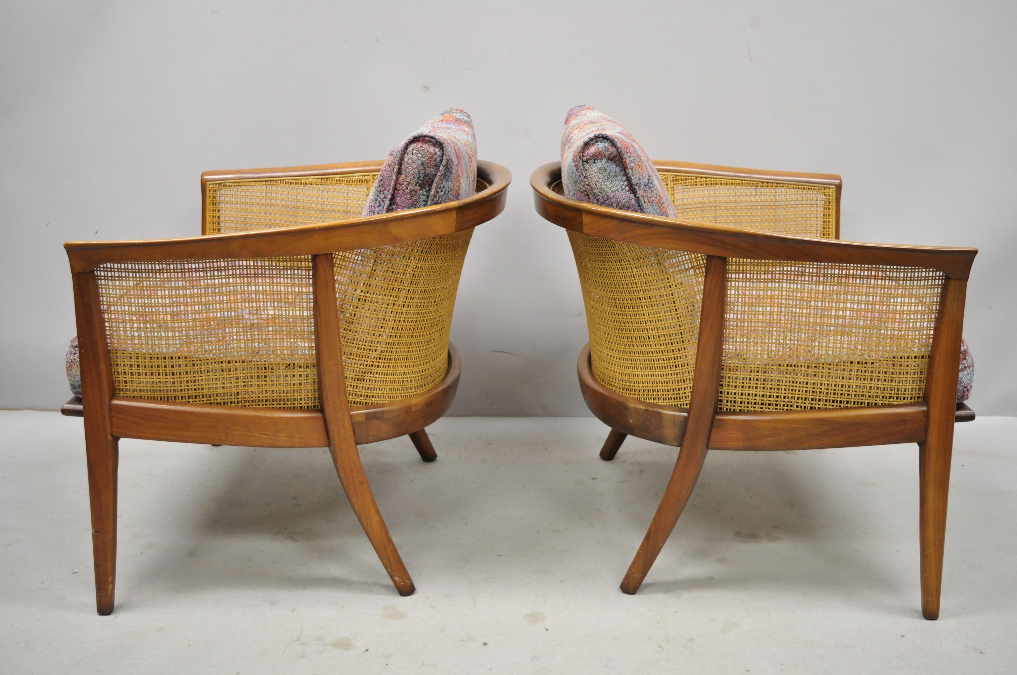 20th Century Pair of Milo Baughman Thayer Coggin Cane Barrel Back Walnut Club Lounge Chairs For Sale