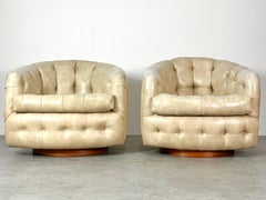 Pair Milo Baughman Thayer Coggin Walnut Tufted Barrel Swivel Lounge Chairs 1960s