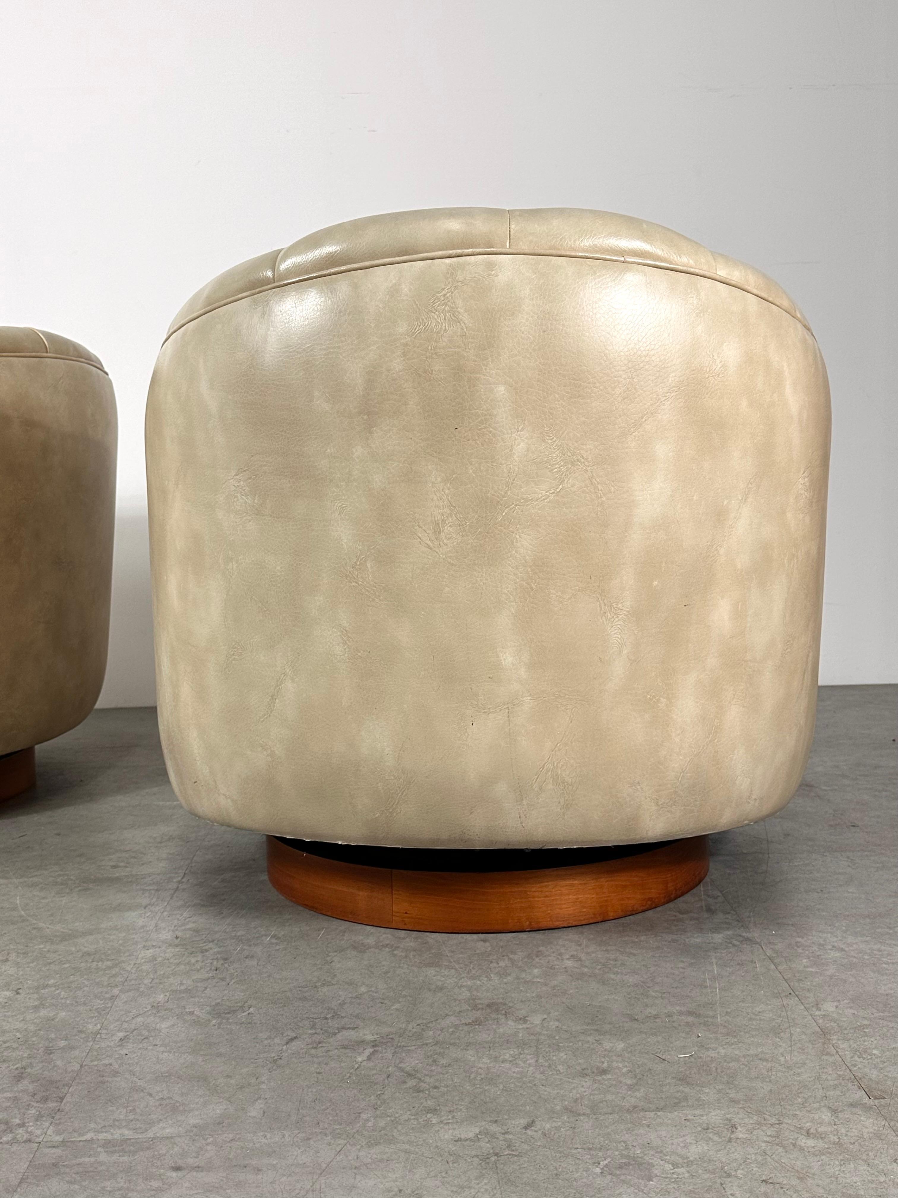 American Pair Milo Baughman Thayer Coggin Walnut Tufted Barrel Swivel Lounge Chairs 1960s