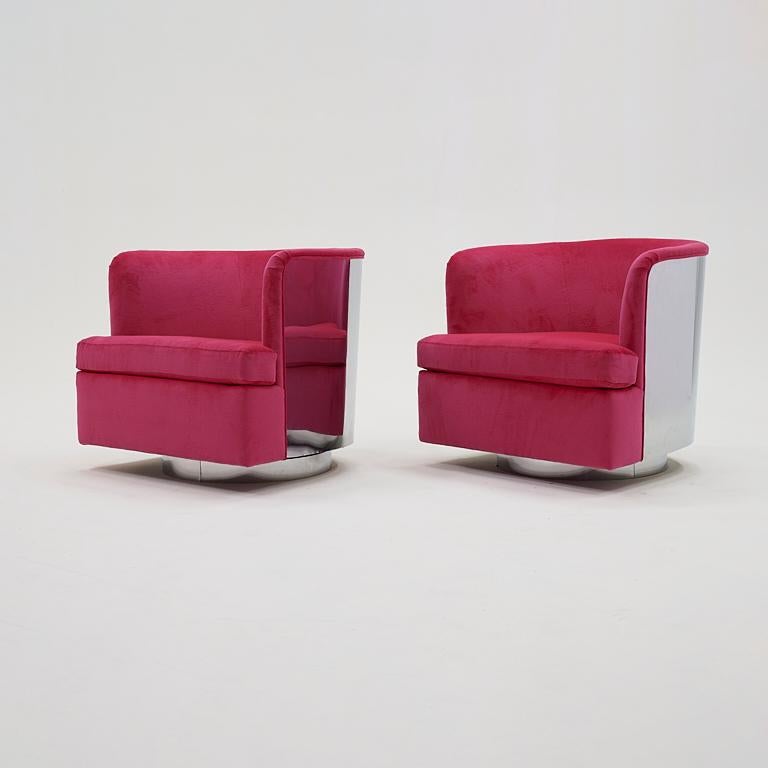 Pair Milo Baughman Tilt Swivel Chairs. Chrome Backs, Hot Pink Upholstery For Sale 2