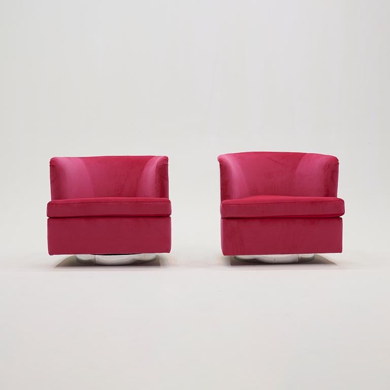 Rare Milo Baughman tilt swivel lounge chairs with chrome sides/back.  Expertly reupholstered in a hot pink velvet.  Super comfortable and absolutely stunning.