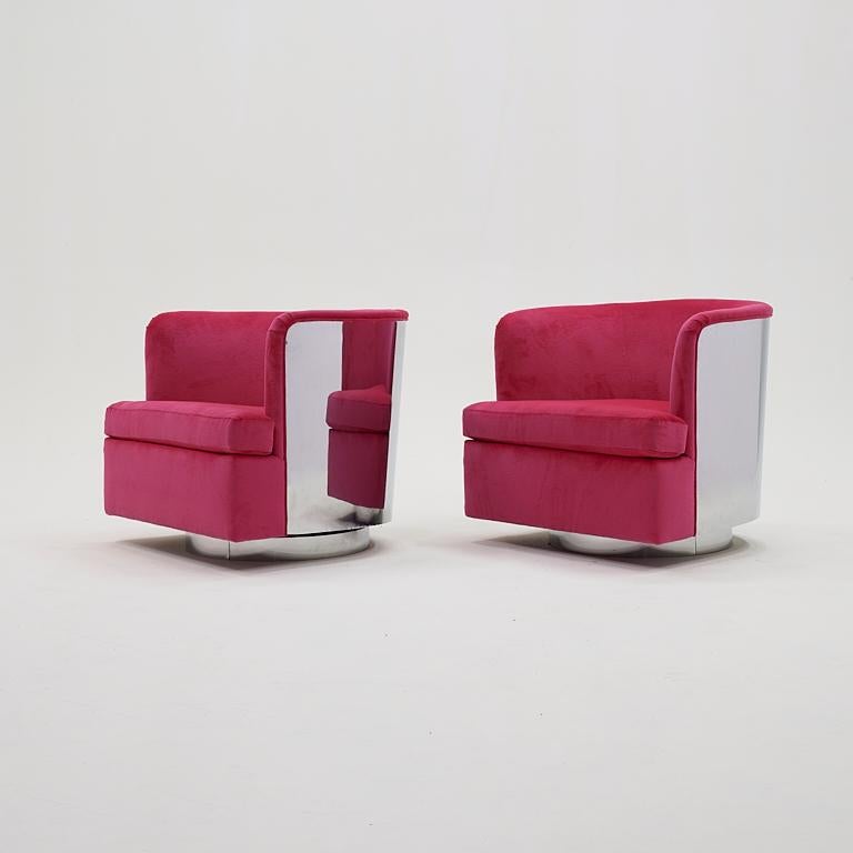 Mid-Century Modern Pair Milo Baughman Tilt Swivel Chairs. Chrome Backs, Hot Pink Upholstery For Sale