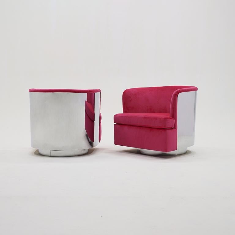 American Pair Milo Baughman Tilt Swivel Chairs. Chrome Backs, Hot Pink Upholstery For Sale