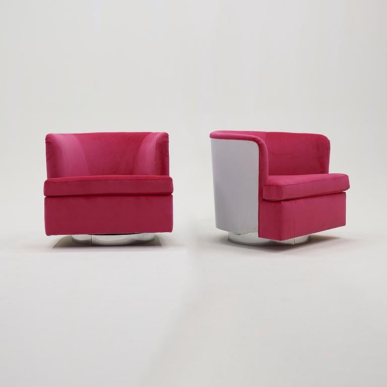 Pair Milo Baughman Tilt Swivel Chairs. Chrome Backs, Hot Pink Upholstery In Good Condition For Sale In Kansas City, MO